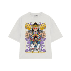 Playera streetwear premium de anime y gaming ExtraLife MX, corte boxy oversized drop shoulder heavyweight en color Deep Black y Off-White, moda urbana mexicana de culto.
