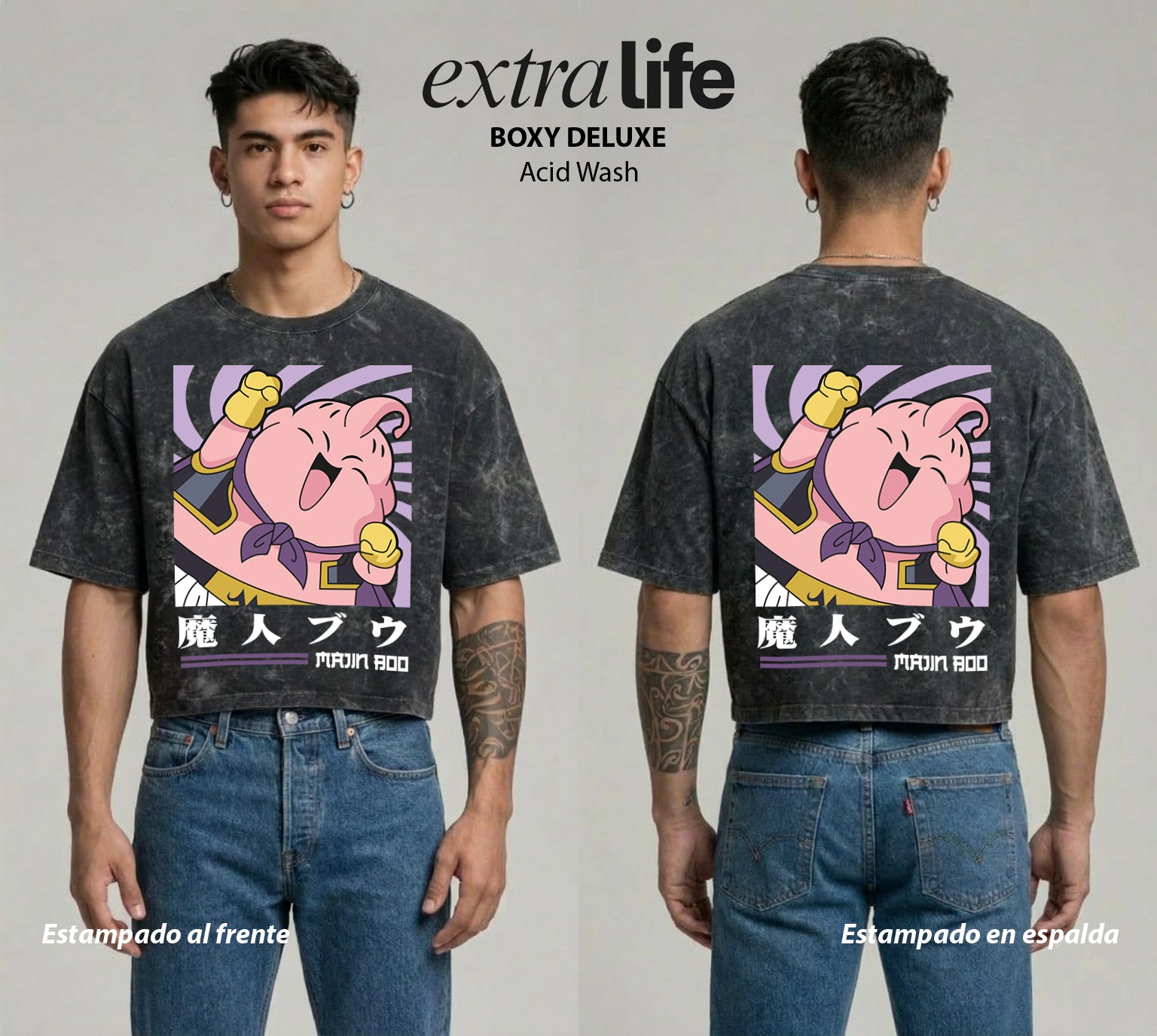 Playera streetwear premium de anime y gaming ExtraLife MX, corte boxy deluxe mineral wash heavyweight en color Acid Wash, moda urbana mexicana de culto.