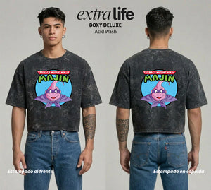 Playera streetwear premium de anime y gaming ExtraLife MX, corte boxy deluxe mineral wash heavyweight en color Acid Wash, moda urbana mexicana de culto.