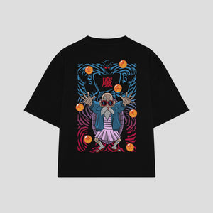 Playera streetwear premium de anime y gaming ExtraLife MX, corte boxy oversized drop shoulder heavyweight en color Deep Black y Off-White, moda urbana mexicana de culto.