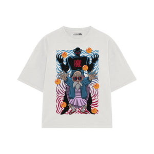 Playera streetwear premium de anime y gaming ExtraLife MX, corte boxy oversized drop shoulder heavyweight en color Deep Black y Off-White, moda urbana mexicana de culto.
