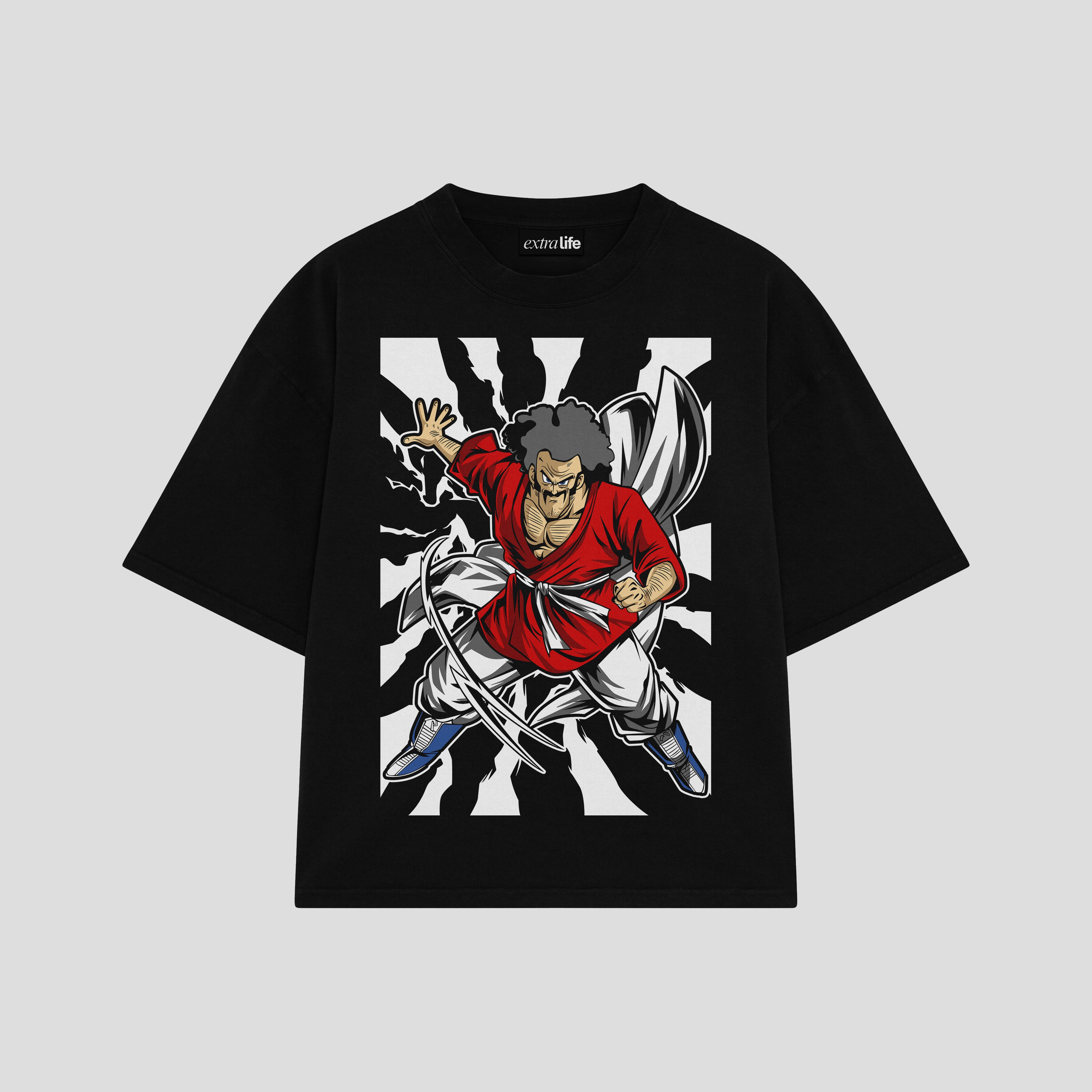 Playera streetwear premium de anime y gaming ExtraLife MX, corte boxy oversized drop shoulder heavyweight en color Deep Black y Off-White, moda urbana mexicana de culto.