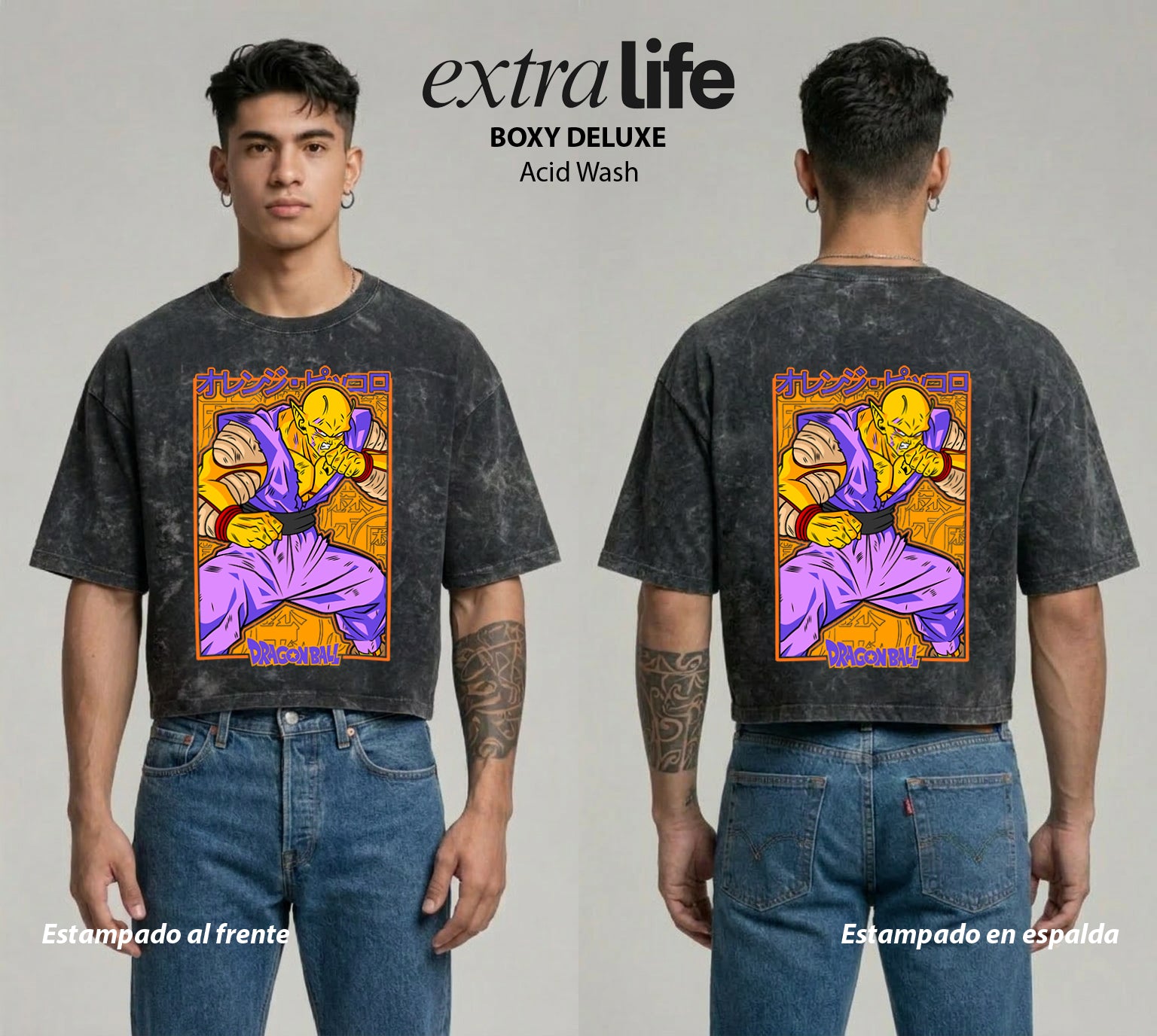 Playera streetwear premium de anime y gaming ExtraLife MX, corte boxy deluxe mineral wash heavyweight en color Acid Wash, moda urbana mexicana de culto.