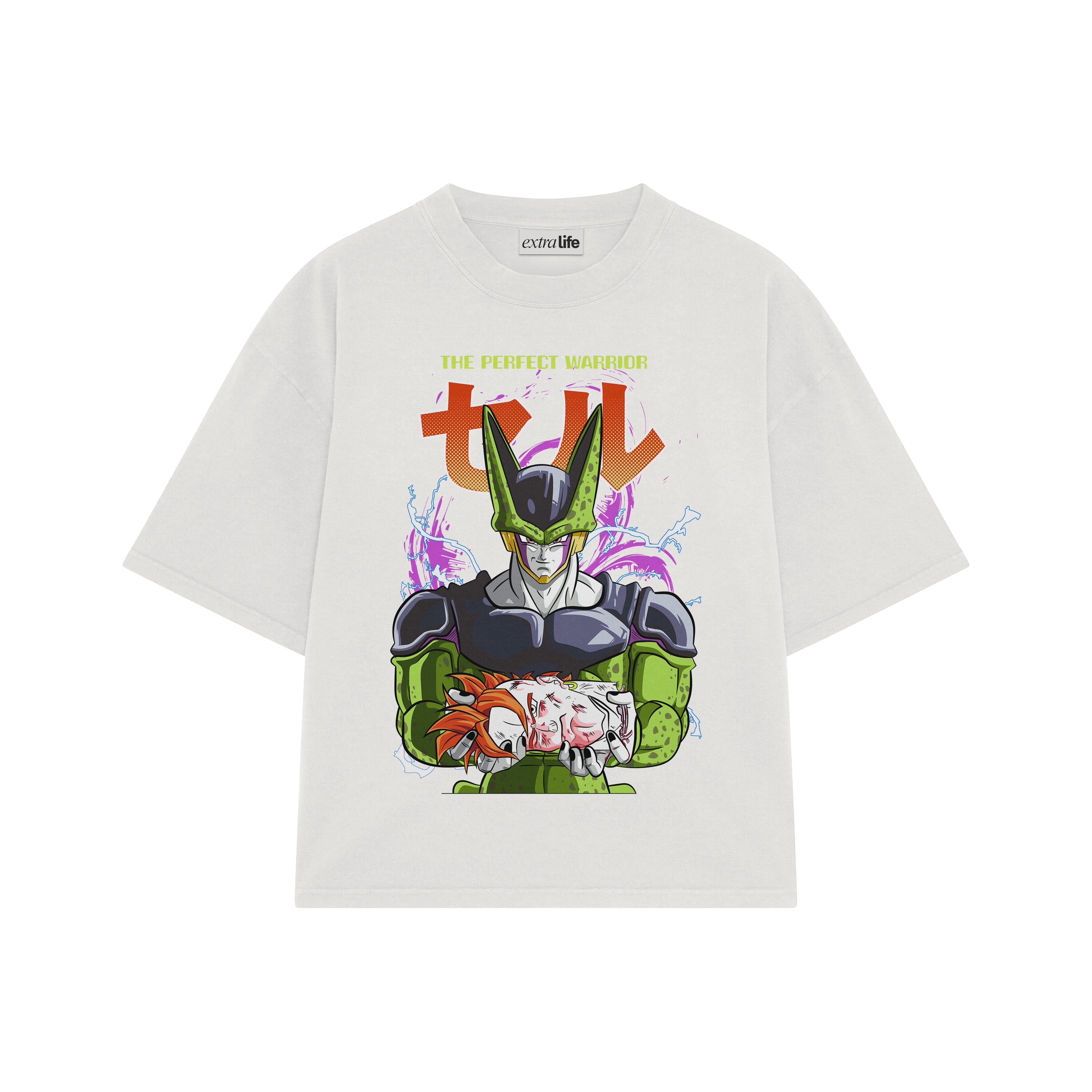 Playera streetwear premium de anime y gaming ExtraLife MX, corte boxy oversized drop shoulder heavyweight en color Deep Black y Off-White, moda urbana mexicana de culto.