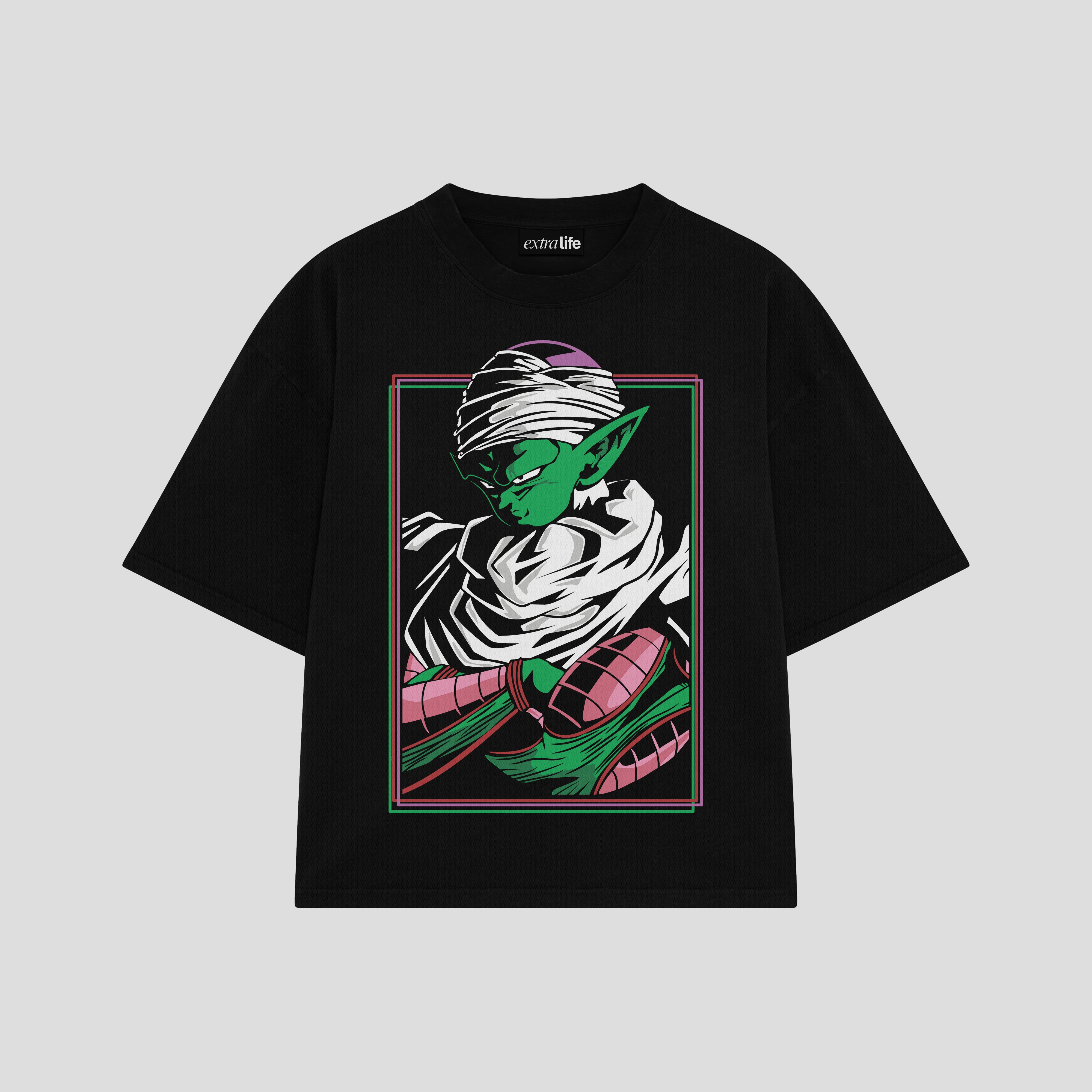 Playera streetwear premium de anime y gaming ExtraLife MX, corte boxy oversized drop shoulder heavyweight en color Deep Black y Off-White, moda urbana mexicana de culto.