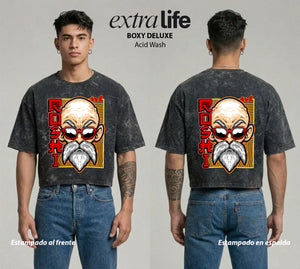Playera streetwear premium de anime y gaming ExtraLife MX, corte boxy deluxe mineral wash heavyweight en color Acid Wash, moda urbana mexicana de culto.