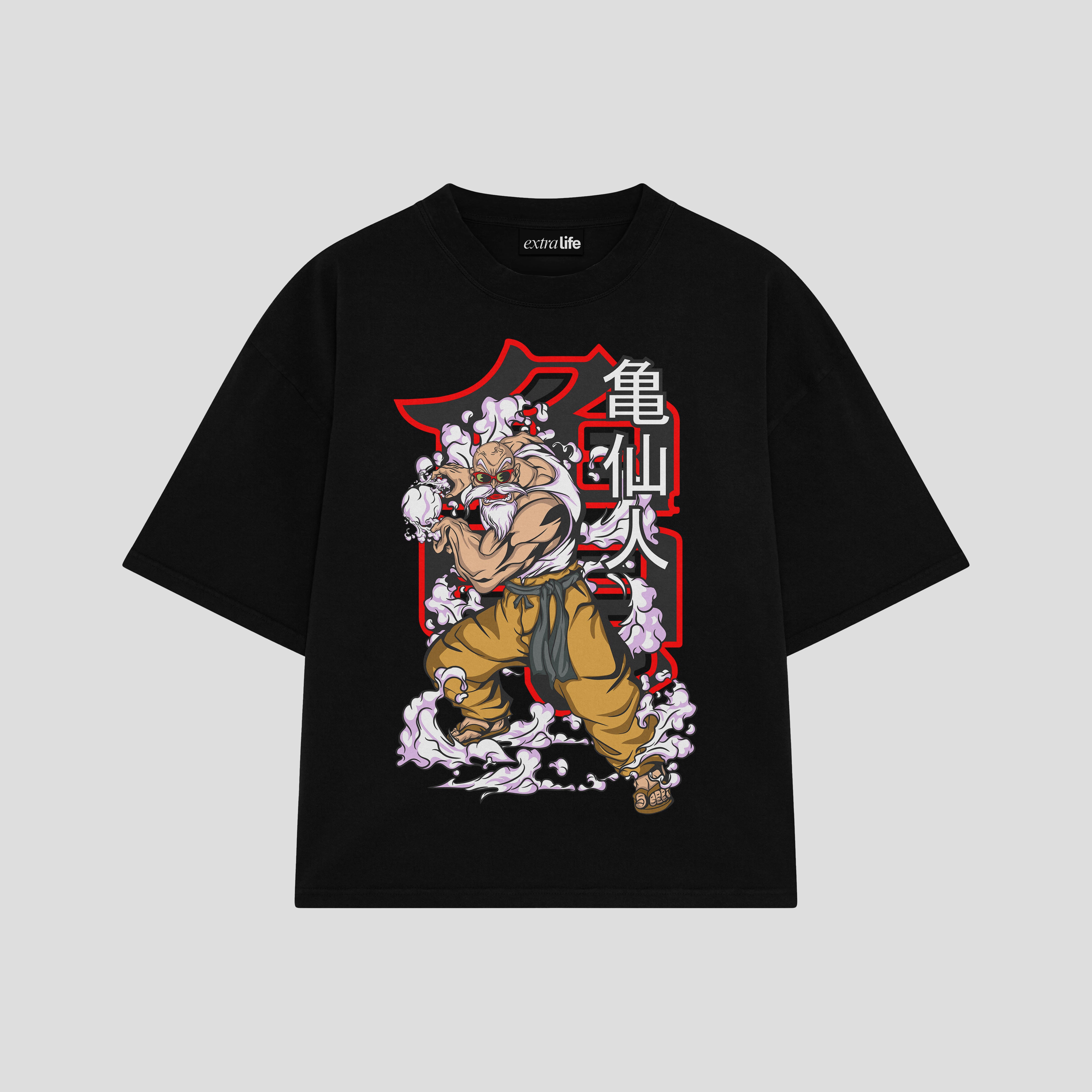 Playera streetwear premium de anime y gaming ExtraLife MX, corte boxy oversized drop shoulder heavyweight en color Deep Black y Off-White, moda urbana mexicana de culto.