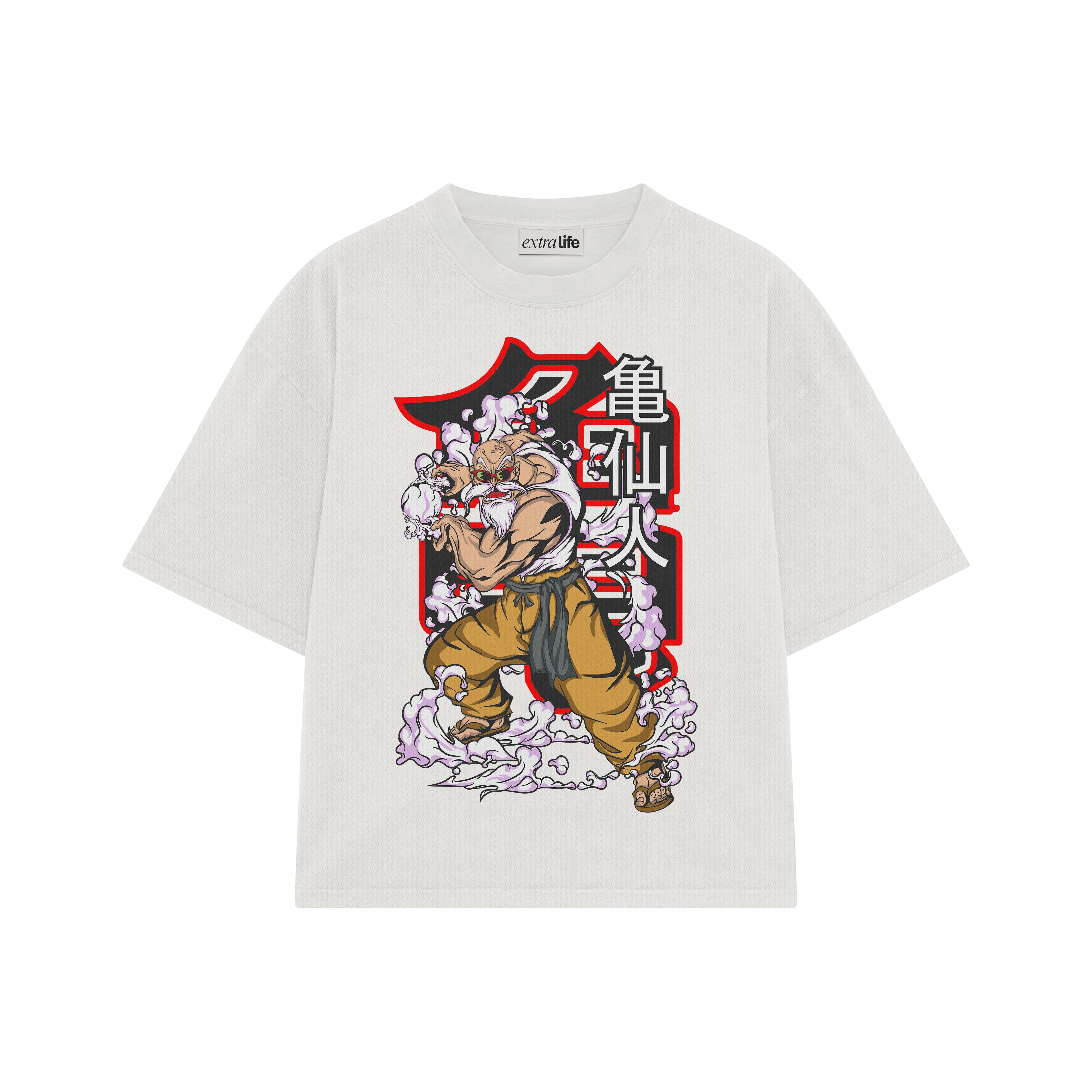 Playera streetwear premium de anime y gaming ExtraLife MX, corte boxy oversized drop shoulder heavyweight en color Deep Black y Off-White, moda urbana mexicana de culto.