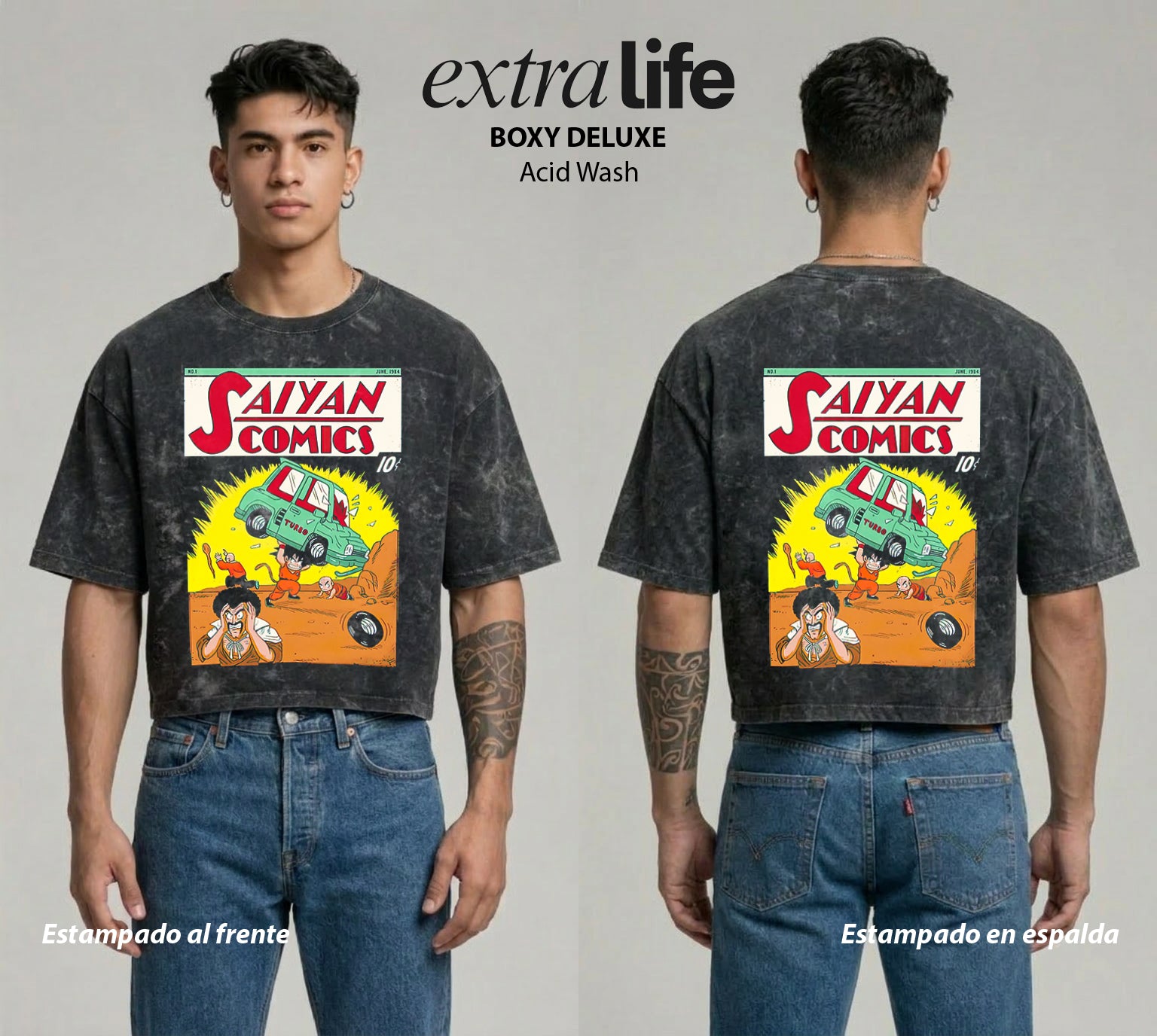 Playera streetwear premium de anime y gaming ExtraLife MX, corte boxy deluxe mineral wash heavyweight en color Acid Wash, moda urbana mexicana de culto.