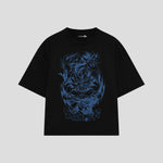 Playera streetwear premium de anime y gaming ExtraLife MX, corte boxy oversized drop shoulder heavyweight en color Deep Black y Off-White, moda urbana mexicana de culto.