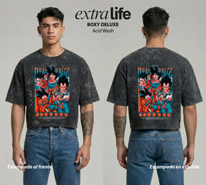Playera streetwear premium de anime y gaming ExtraLife MX, corte boxy deluxe mineral wash heavyweight en color Acid Wash, moda urbana mexicana de culto.