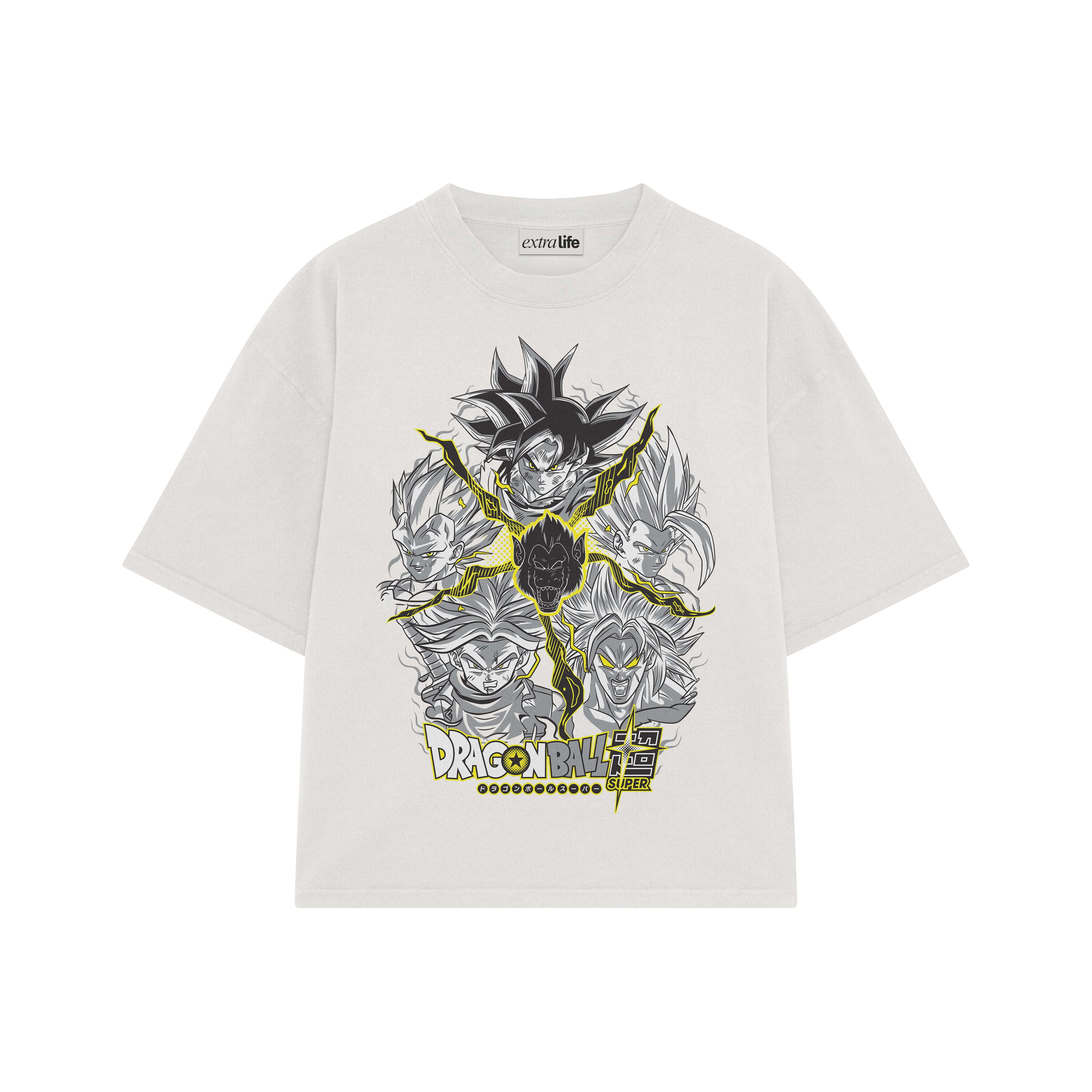 Playera streetwear premium de anime y gaming ExtraLife MX, corte boxy oversized drop shoulder heavyweight en color Deep Black y Off-White, moda urbana mexicana de culto.