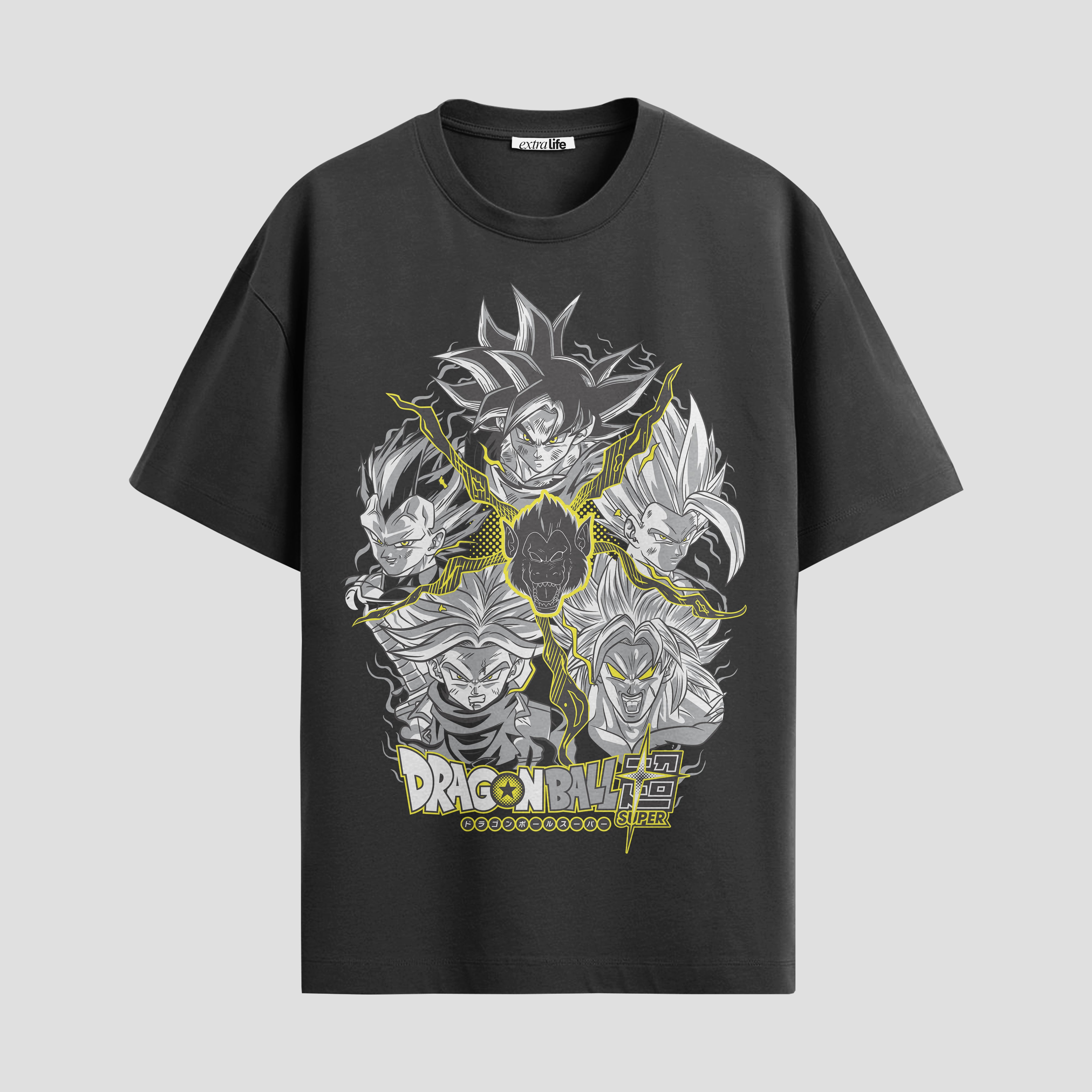 Playera urbana de anime y gaming ExtraLife MX, corte Standard Fit unisex ligero y transpirable en color Deep Black y Pure White, ropa de uso diario para gym y casual.