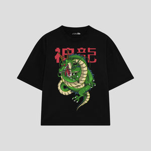 Playera streetwear premium de anime y gaming ExtraLife MX, corte boxy oversized drop shoulder heavyweight en color Deep Black y Off-White, moda urbana mexicana de culto.