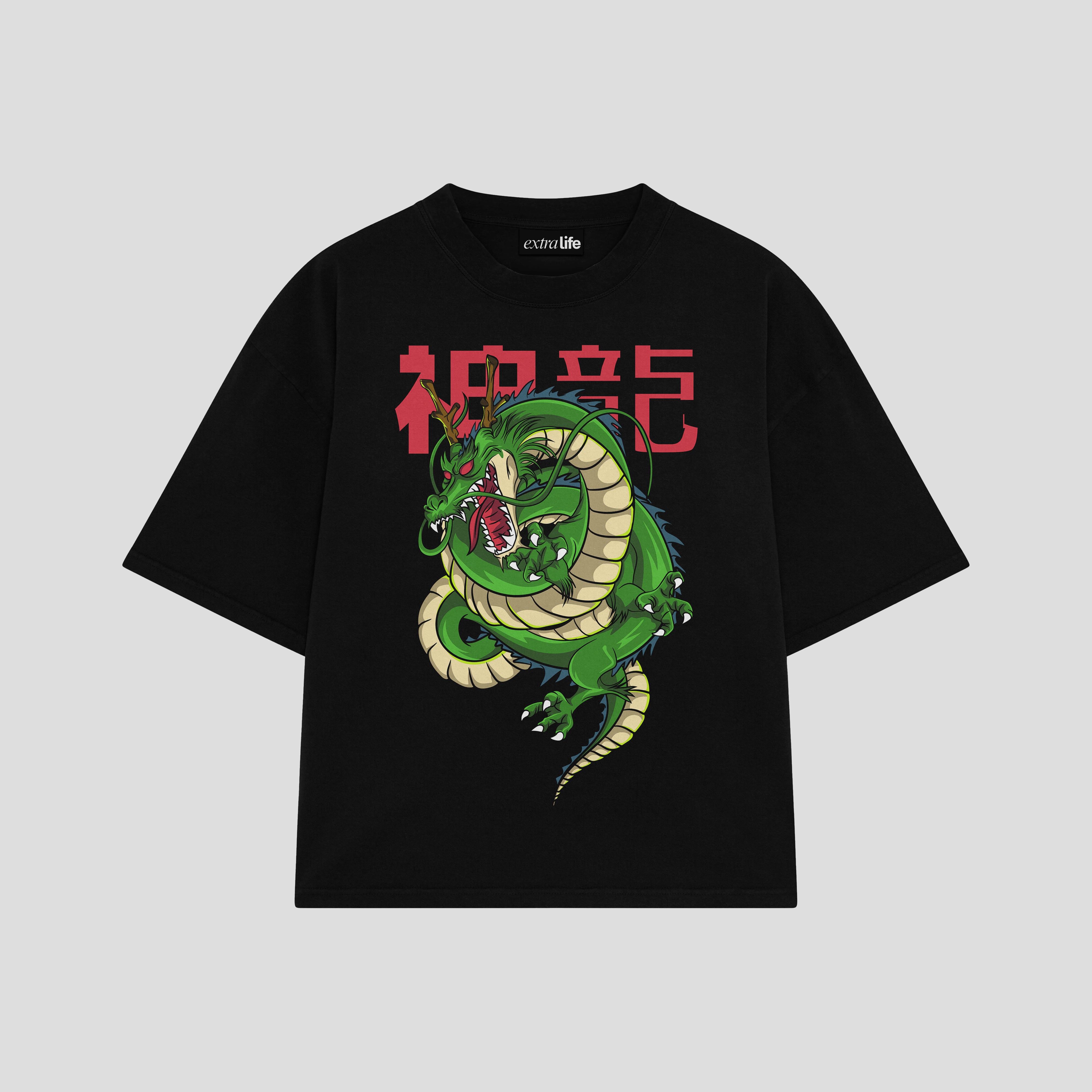 Playera streetwear premium de anime y gaming ExtraLife MX, corte boxy oversized drop shoulder heavyweight en color Deep Black y Off-White, moda urbana mexicana de culto.