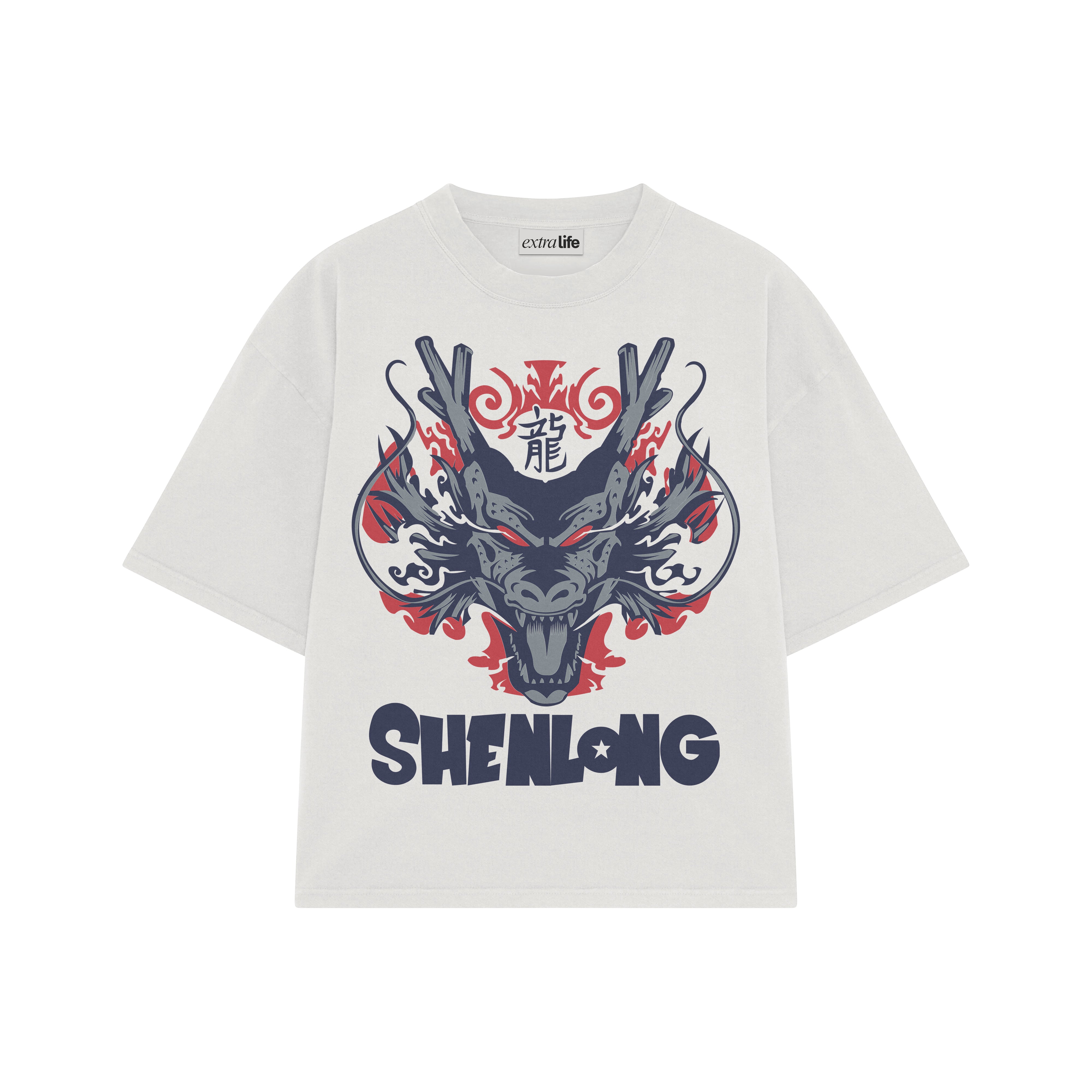 Playera streetwear premium de anime y gaming ExtraLife MX, corte boxy oversized drop shoulder heavyweight en color Deep Black y Off-White, moda urbana mexicana de culto.