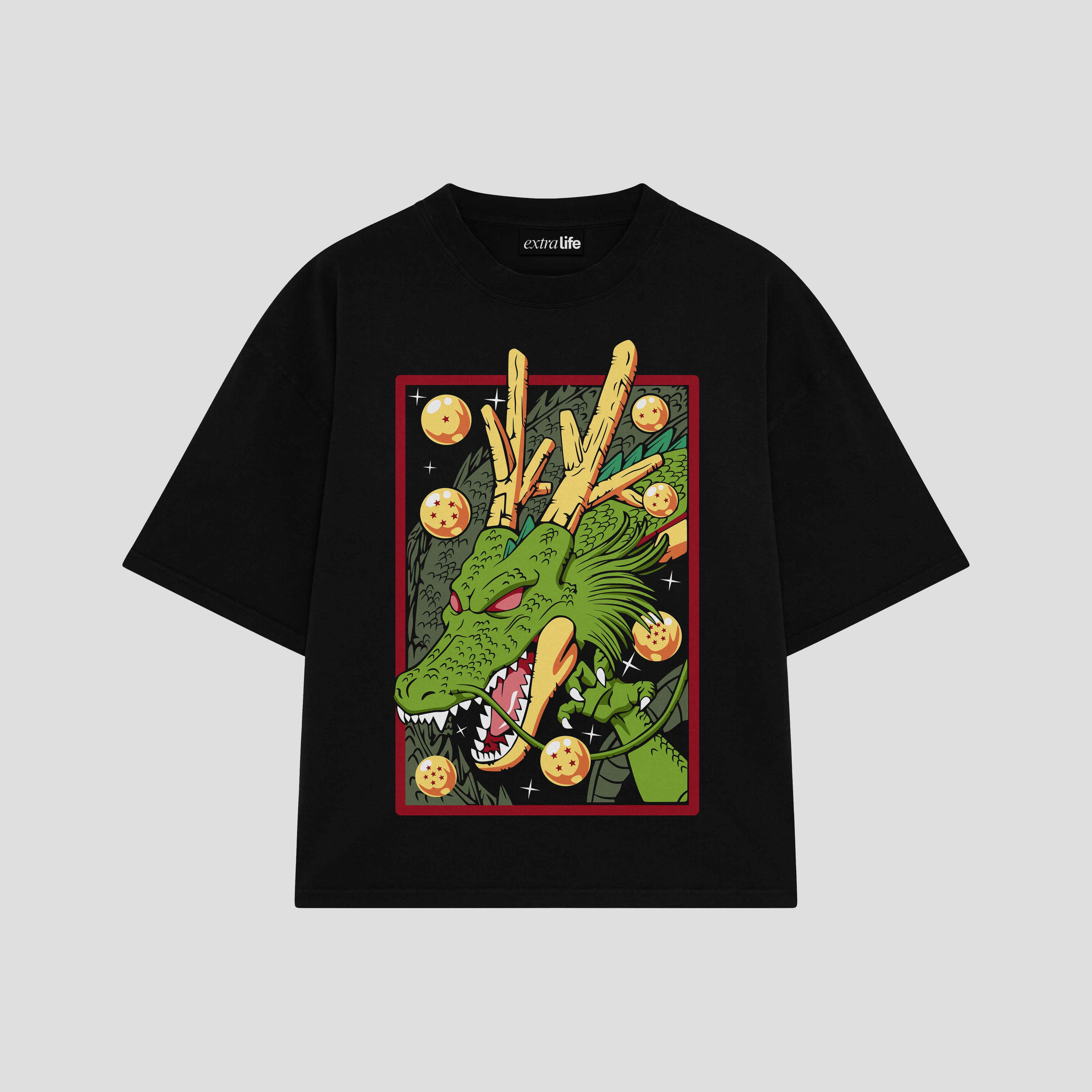 Playera streetwear premium de anime y gaming ExtraLife MX, corte boxy oversized drop shoulder heavyweight en color Deep Black y Off-White, moda urbana mexicana de culto.