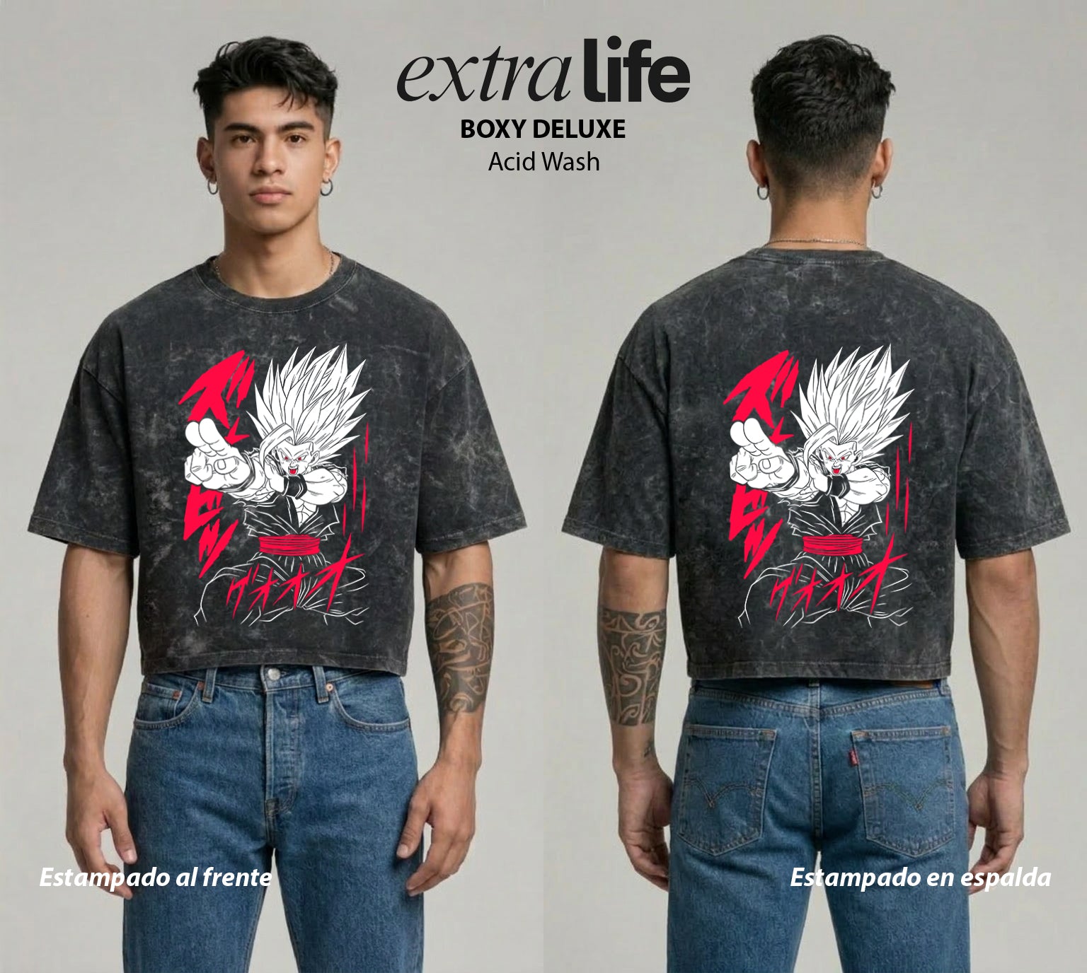 Playera streetwear premium de anime y gaming ExtraLife MX, corte boxy deluxe mineral wash heavyweight en color Acid Wash, moda urbana mexicana de culto.
