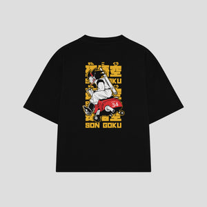 Playera streetwear premium de anime y gaming ExtraLife MX, corte boxy oversized drop shoulder heavyweight en color Deep Black y Off-White, moda urbana mexicana de culto.