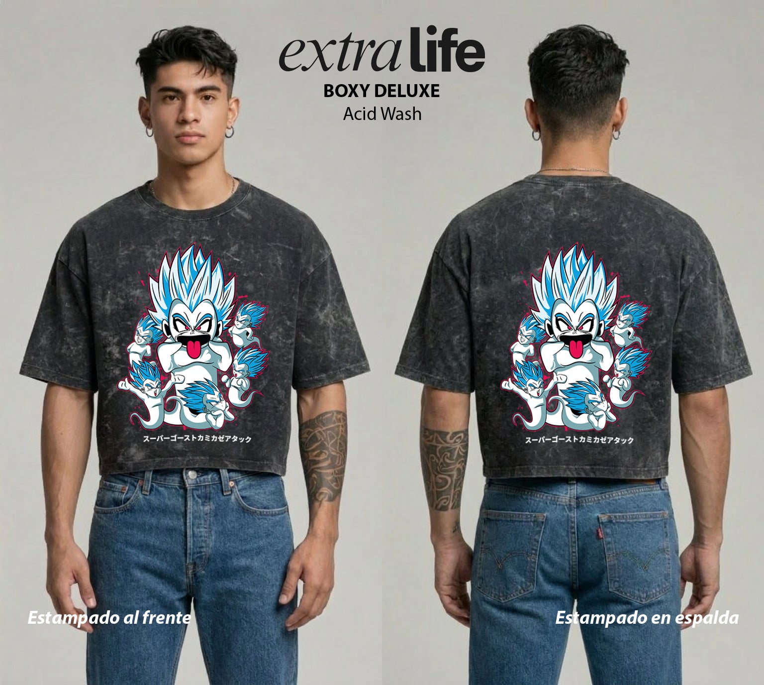 Playera streetwear premium de anime y gaming ExtraLife MX, corte boxy deluxe mineral wash heavyweight en color Acid Wash, moda urbana mexicana de culto.