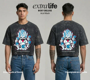 Playera streetwear premium de anime y gaming ExtraLife MX, corte boxy deluxe mineral wash heavyweight en color Acid Wash, moda urbana mexicana de culto.