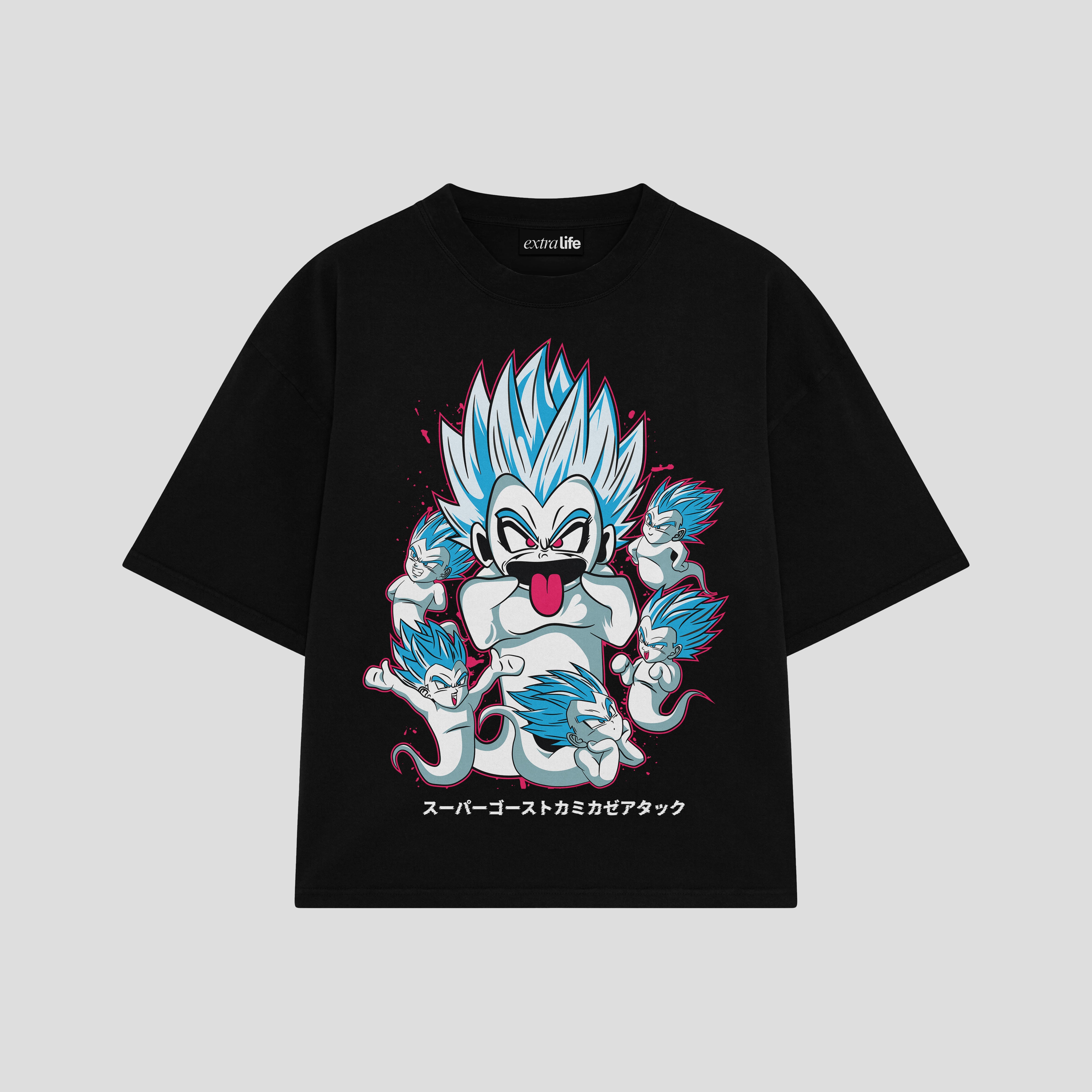 Playera streetwear premium de anime y gaming ExtraLife MX, corte boxy oversized drop shoulder heavyweight en color Deep Black y Off-White, moda urbana mexicana de culto.