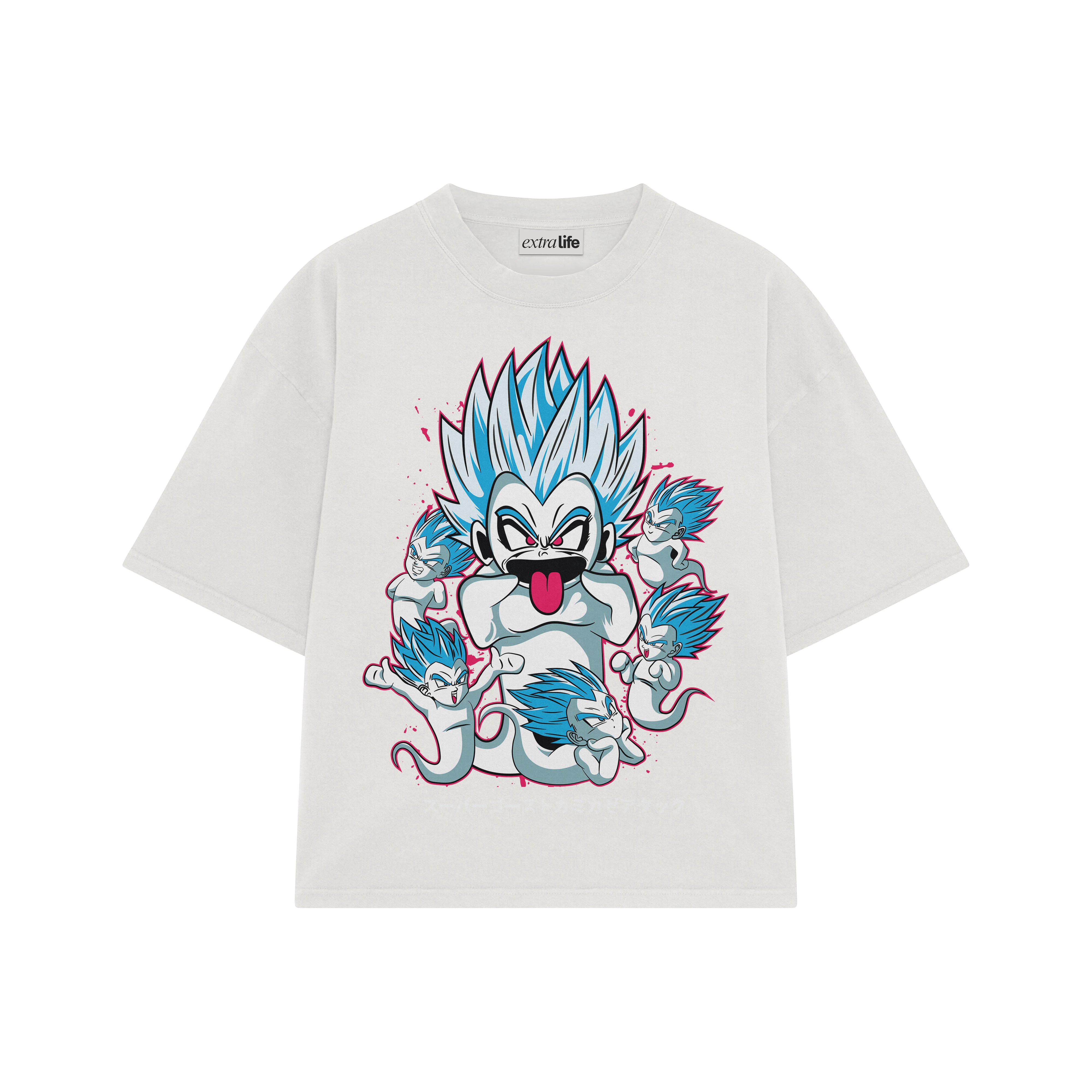 Playera streetwear premium de anime y gaming ExtraLife MX, corte boxy oversized drop shoulder heavyweight en color Deep Black y Off-White, moda urbana mexicana de culto.