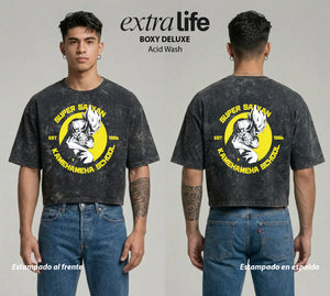 Playera streetwear premium de anime y gaming ExtraLife MX, corte boxy deluxe mineral wash heavyweight en color Acid Wash, moda urbana mexicana de culto.