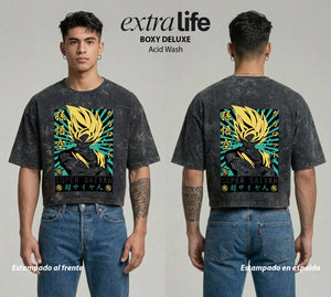 Playera streetwear premium de anime y gaming ExtraLife MX, corte boxy deluxe mineral wash heavyweight en color Acid Wash, moda urbana mexicana de culto.
