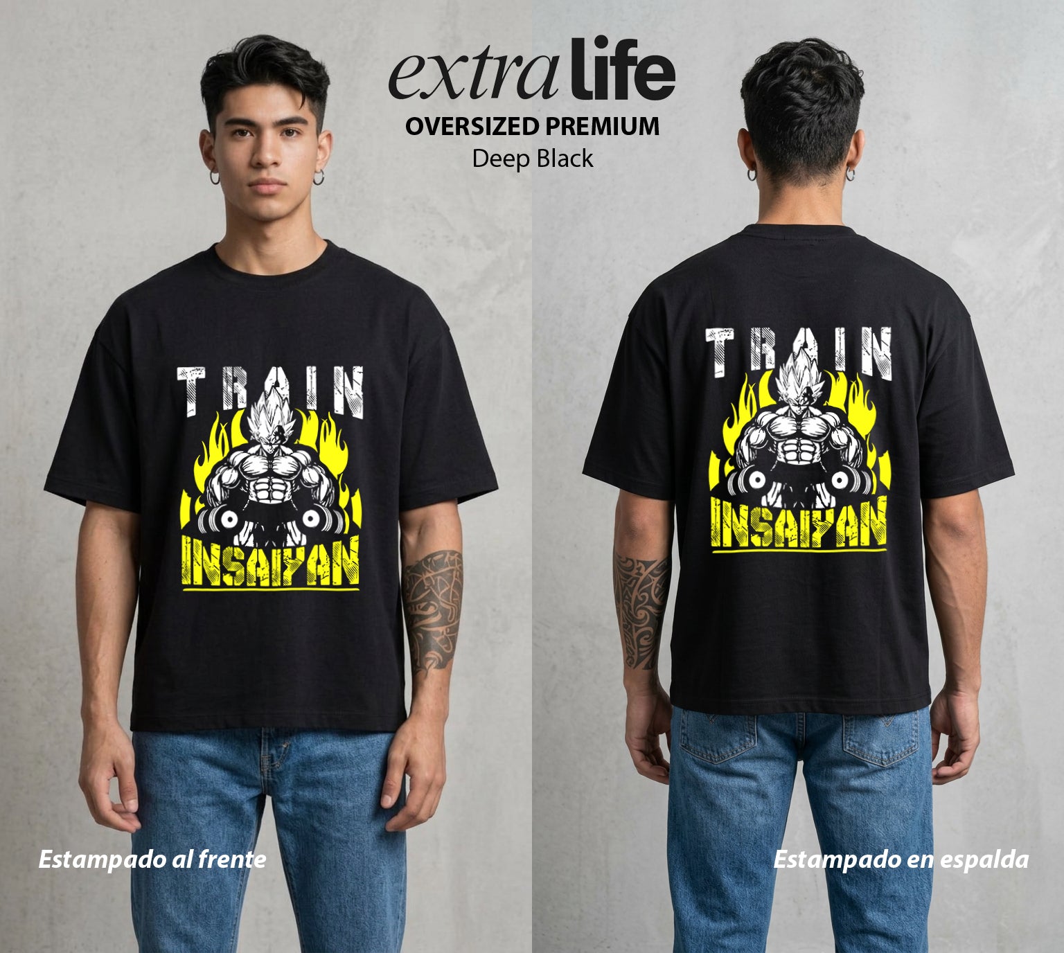 El Poder de las Esferas | El Entrenamiento Saiyajin #00893 - Playera Oversized Premium | Deep Black - Foto en modelo