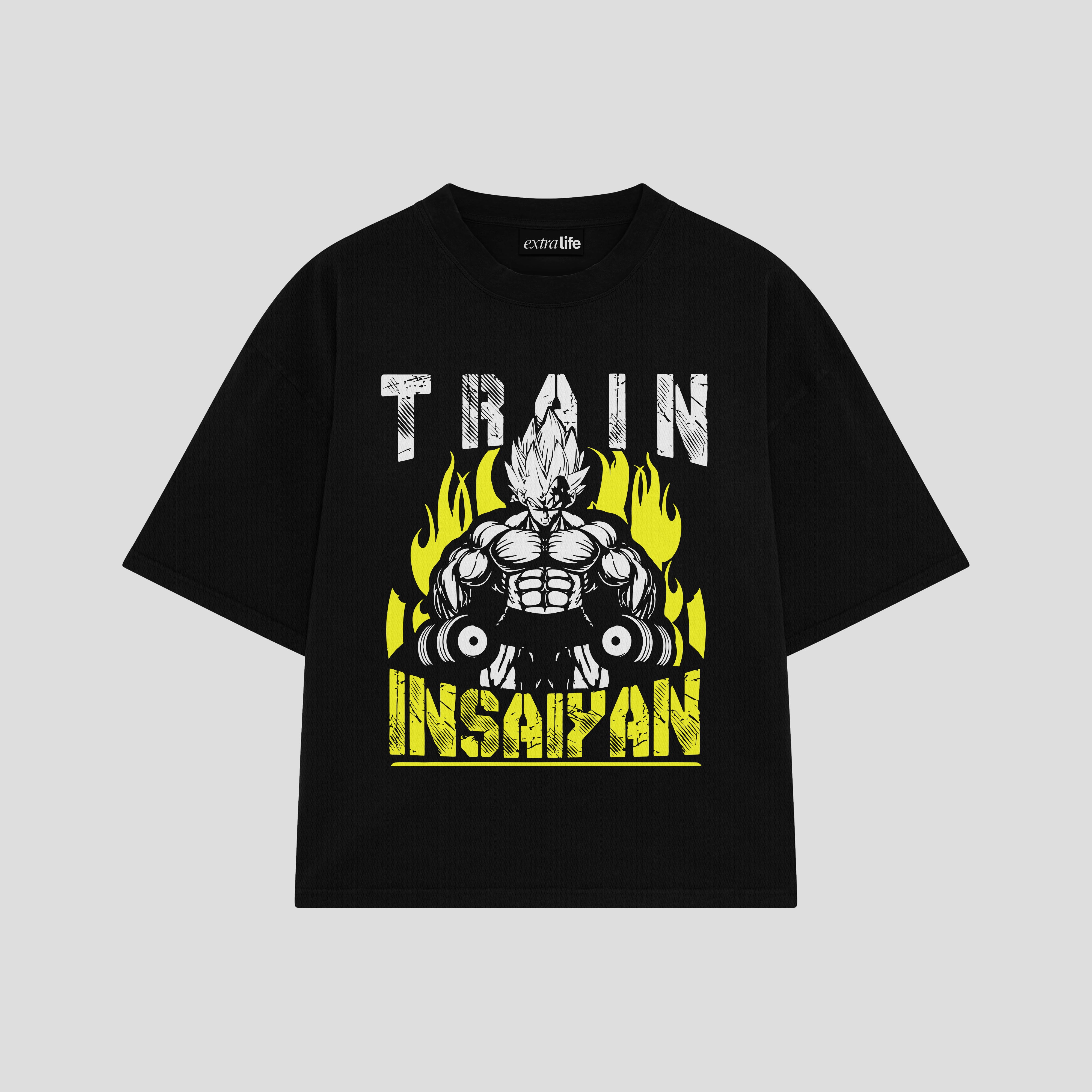 Playera streetwear premium de anime y gaming ExtraLife MX, corte boxy oversized drop shoulder heavyweight en color Deep Black y Off-White, moda urbana mexicana de culto.