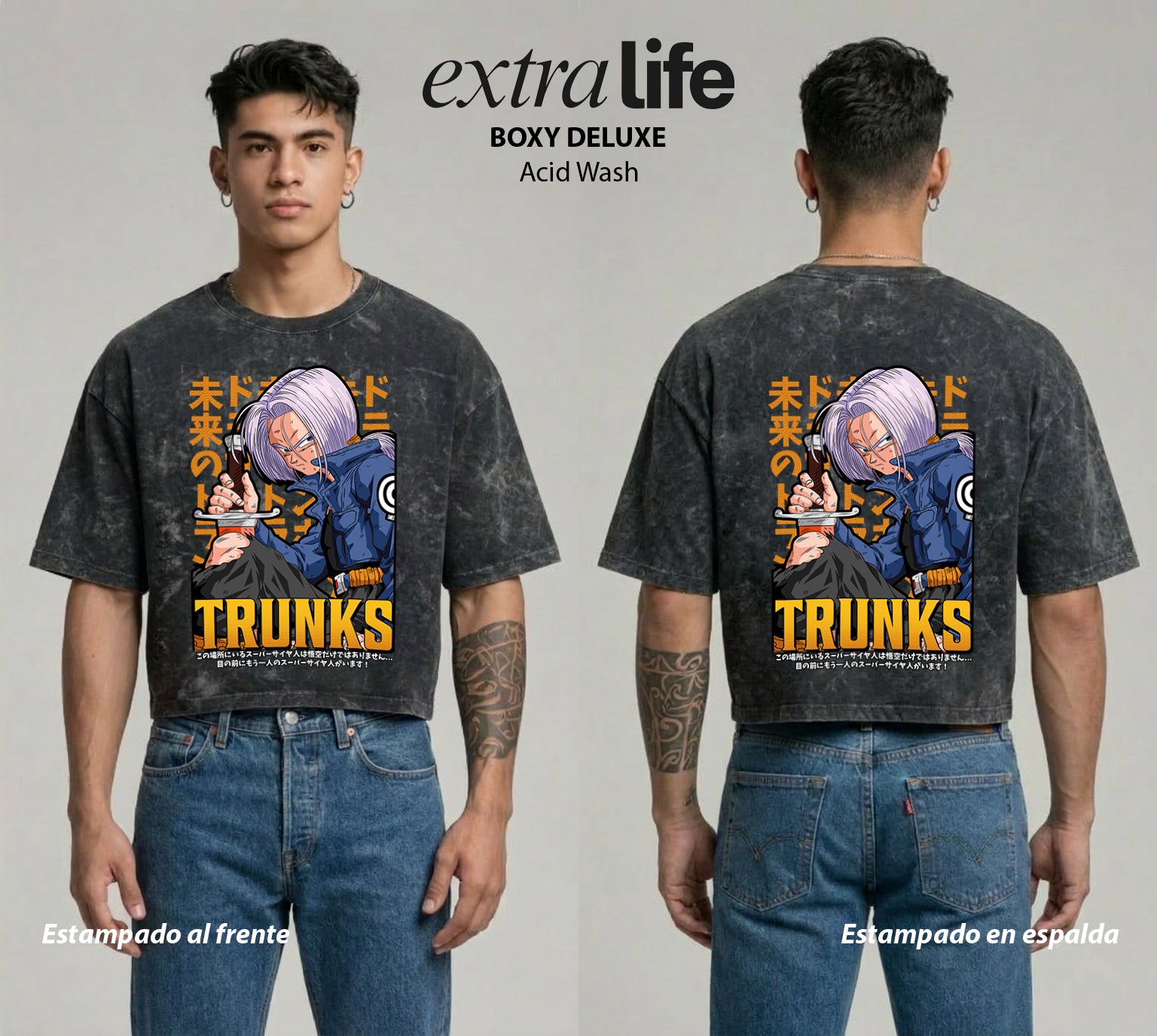 Playera streetwear premium de anime y gaming ExtraLife MX, corte boxy deluxe mineral wash heavyweight en color Acid Wash, moda urbana mexicana de culto.