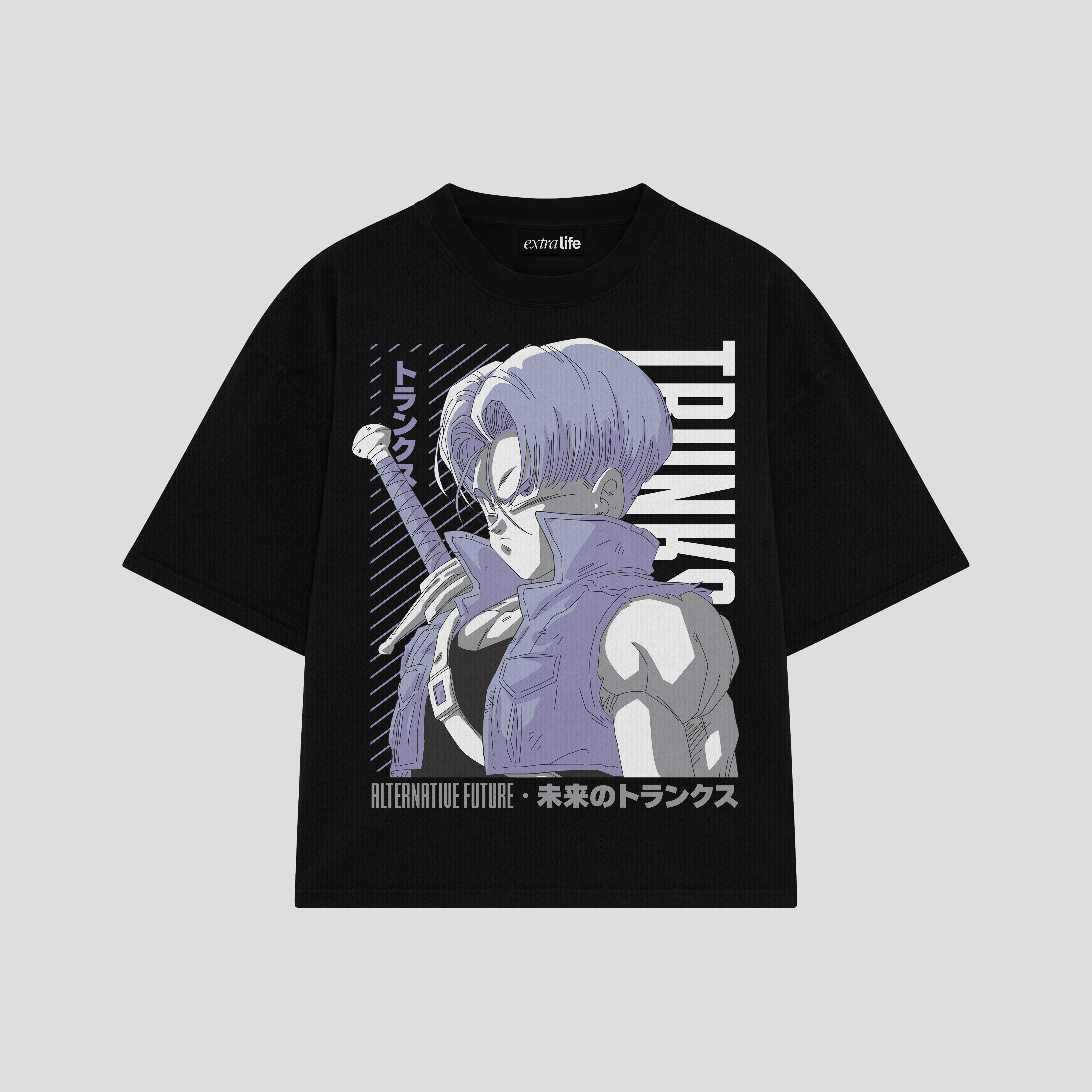 Playera streetwear premium de anime y gaming ExtraLife MX, corte boxy oversized drop shoulder heavyweight en color Deep Black y Off-White, moda urbana mexicana de culto.