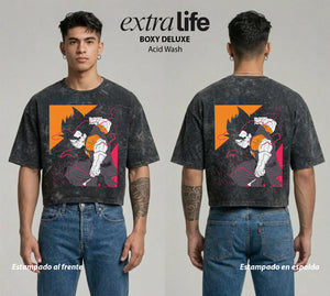 Playera streetwear premium de anime y gaming ExtraLife MX, corte boxy deluxe mineral wash heavyweight en color Acid Wash, moda urbana mexicana de culto.