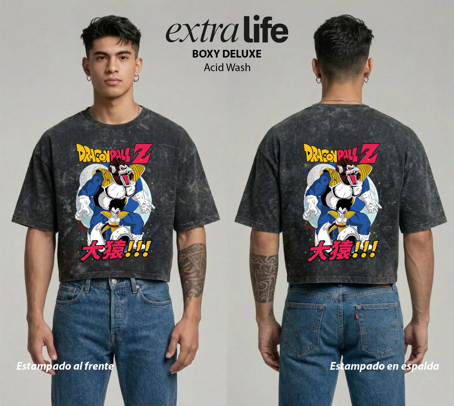 Playera streetwear premium de anime y gaming ExtraLife MX, corte boxy deluxe mineral wash heavyweight en color Acid Wash, moda urbana mexicana de culto.