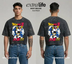 Playera streetwear premium de anime y gaming ExtraLife MX, corte boxy deluxe mineral wash heavyweight en color Acid Wash, moda urbana mexicana de culto.
