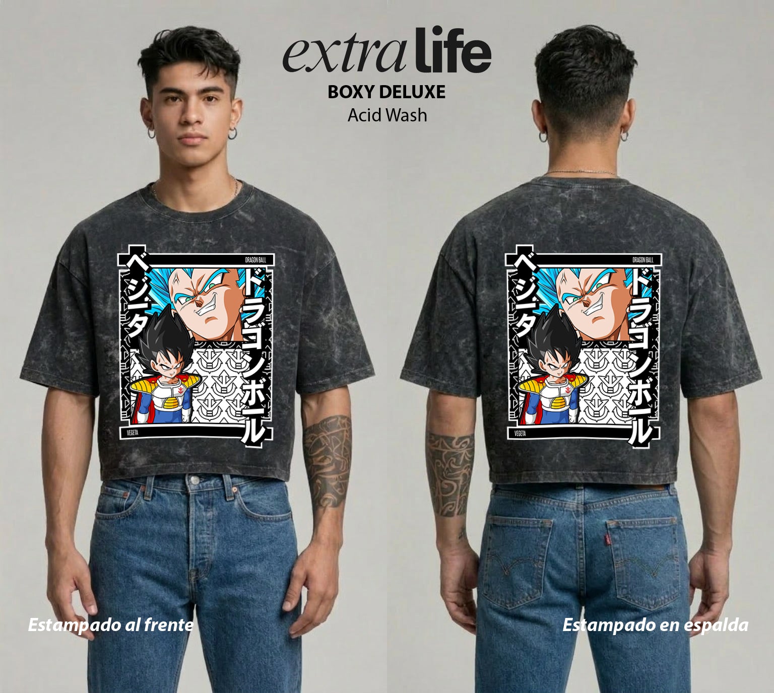 Playera streetwear premium de anime y gaming ExtraLife MX, corte boxy deluxe mineral wash heavyweight en color Acid Wash, moda urbana mexicana de culto.