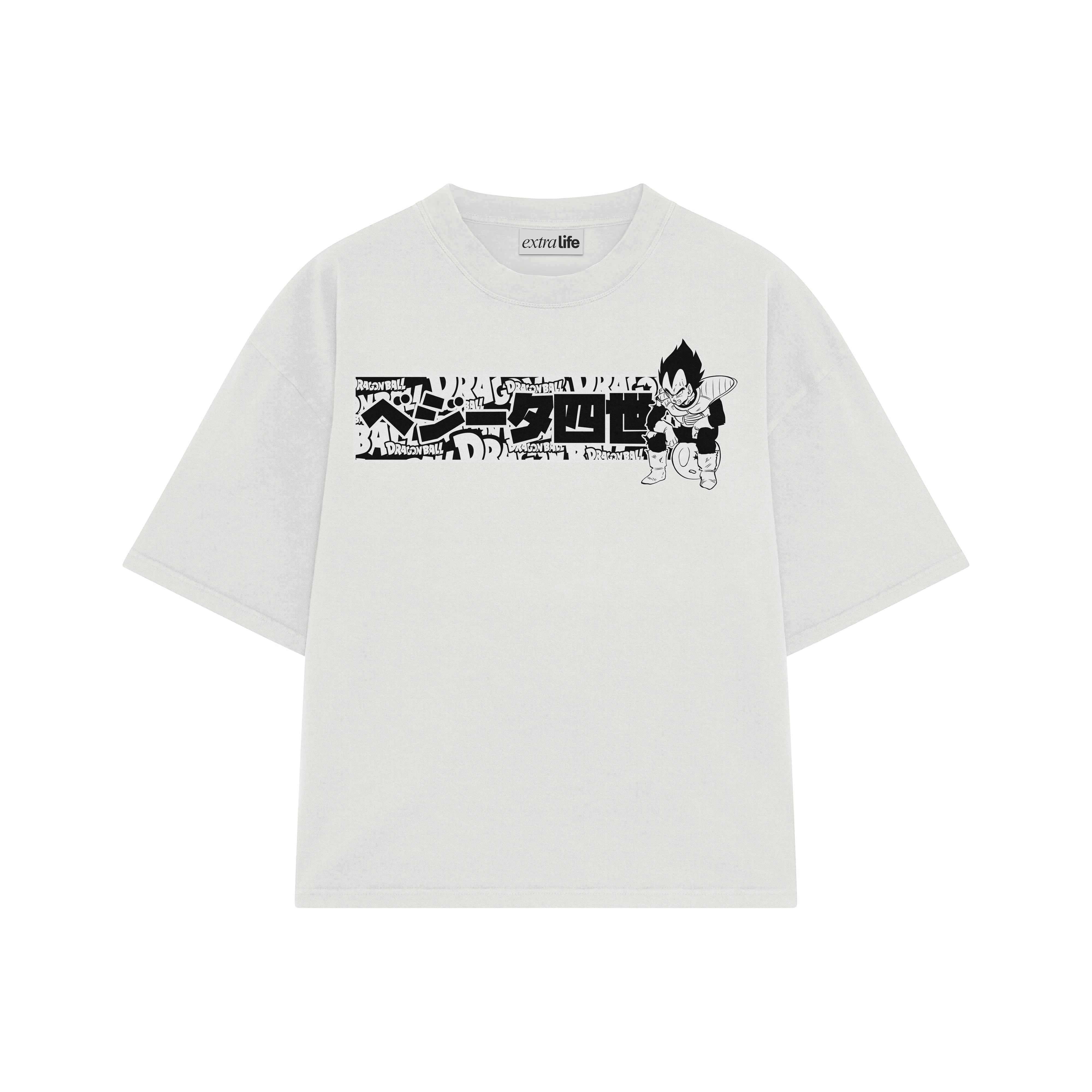 Playera streetwear premium de anime y gaming ExtraLife MX, corte boxy oversized drop shoulder heavyweight en color Deep Black y Off-White, moda urbana mexicana de culto.