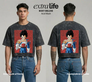Playera streetwear premium de anime y gaming ExtraLife MX, corte boxy deluxe mineral wash heavyweight en color Acid Wash, moda urbana mexicana de culto.