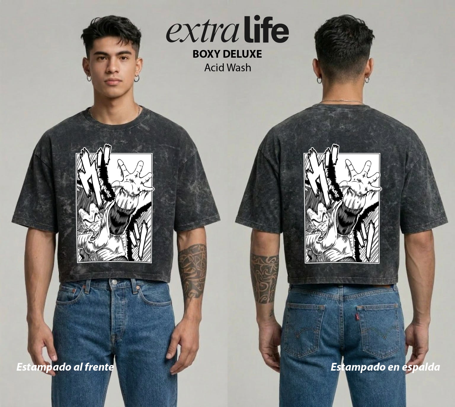 Playera streetwear premium de anime y gaming ExtraLife MX, corte boxy deluxe mineral wash heavyweight en color Acid Wash, moda urbana mexicana de culto.