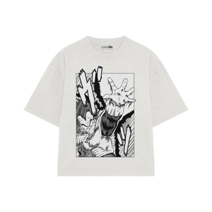 Playera streetwear premium de anime y gaming ExtraLife MX, corte boxy oversized drop shoulder heavyweight en color Deep Black y Off-White, moda urbana mexicana de culto.