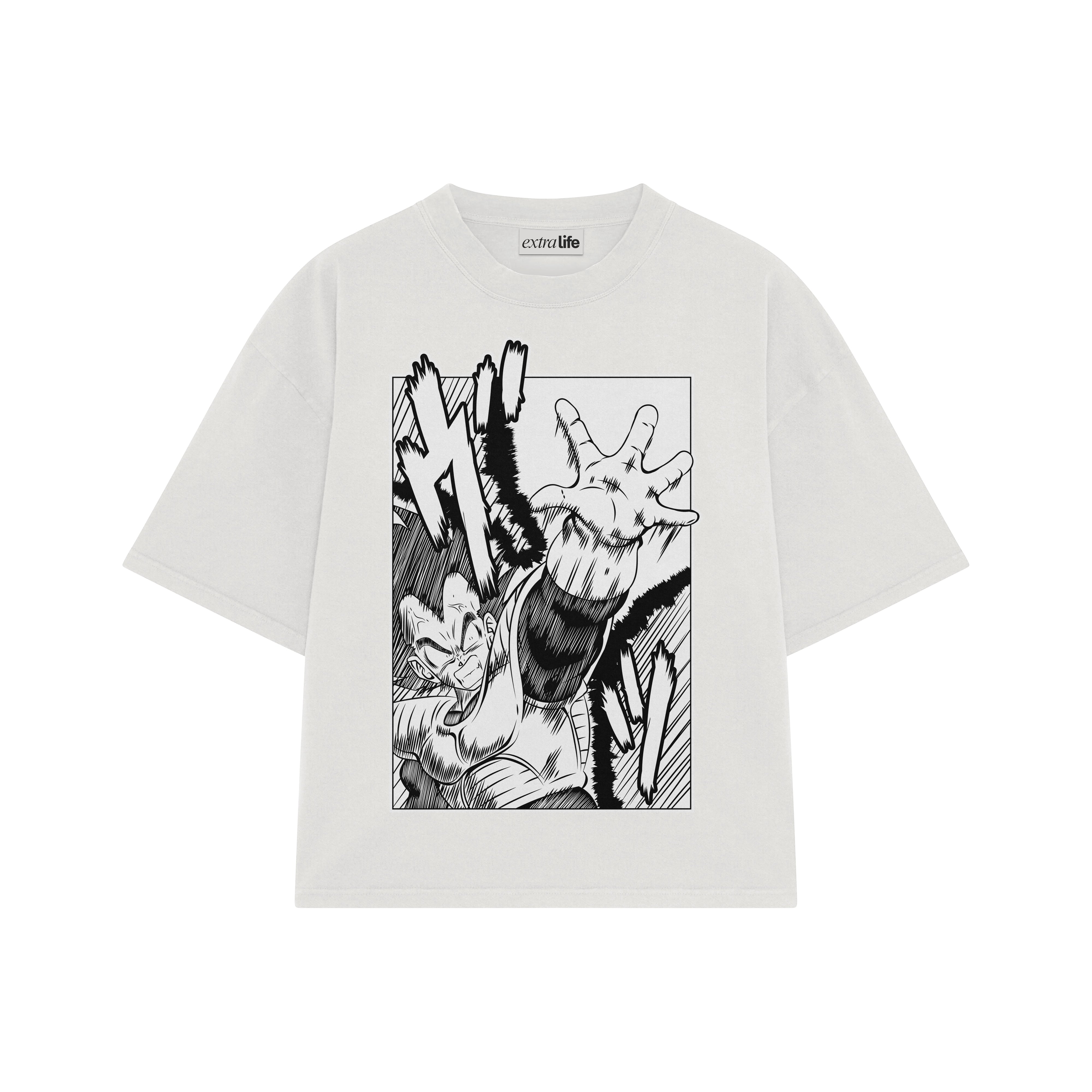 Playera streetwear premium de anime y gaming ExtraLife MX, corte boxy oversized drop shoulder heavyweight en color Deep Black y Off-White, moda urbana mexicana de culto.