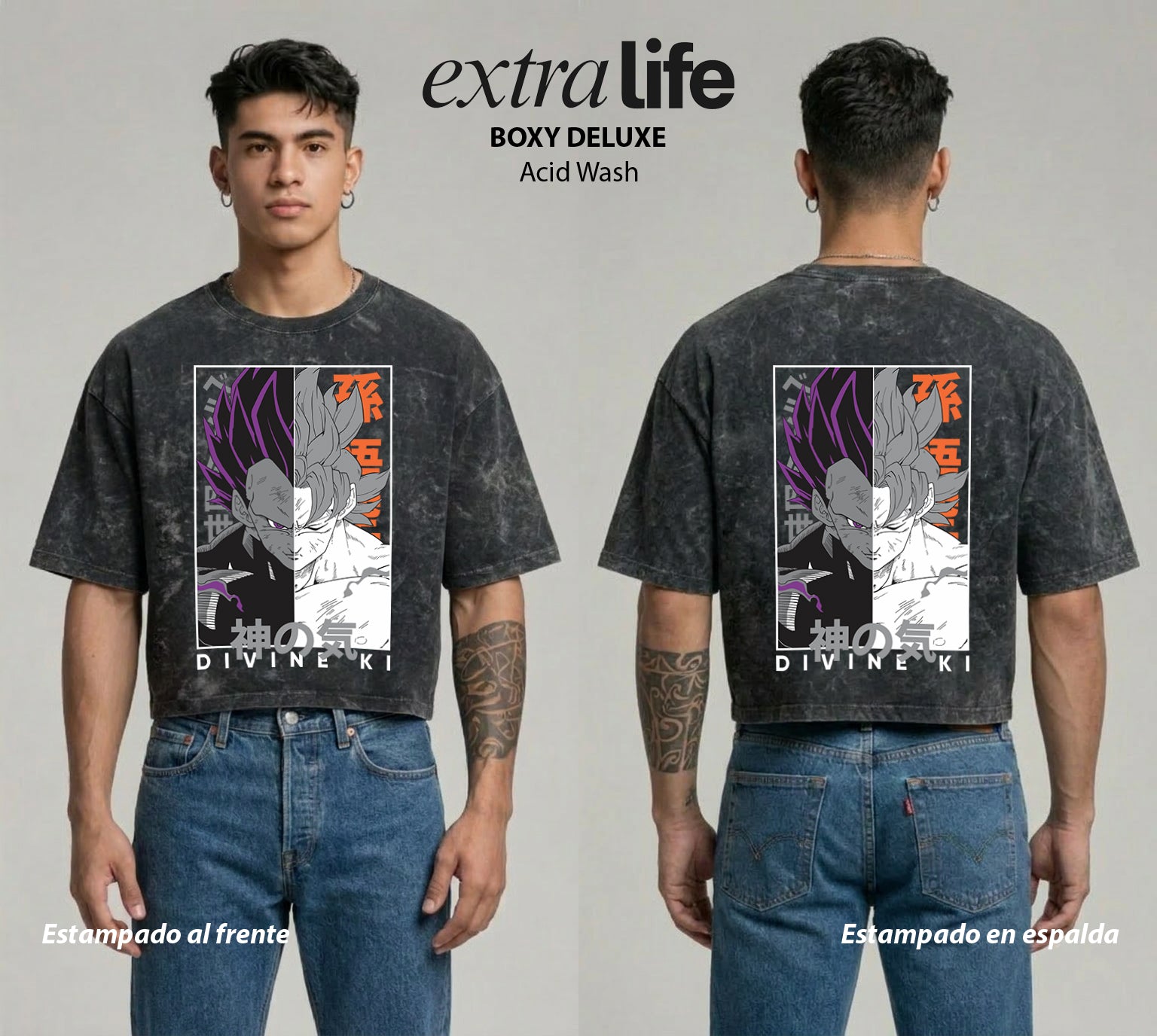 Playera streetwear premium de anime y gaming ExtraLife MX, corte boxy deluxe mineral wash heavyweight en color Acid Wash, moda urbana mexicana de culto.