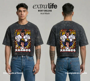 Playera streetwear premium de anime y gaming ExtraLife MX, corte boxy deluxe mineral wash heavyweight en color Acid Wash, moda urbana mexicana de culto.