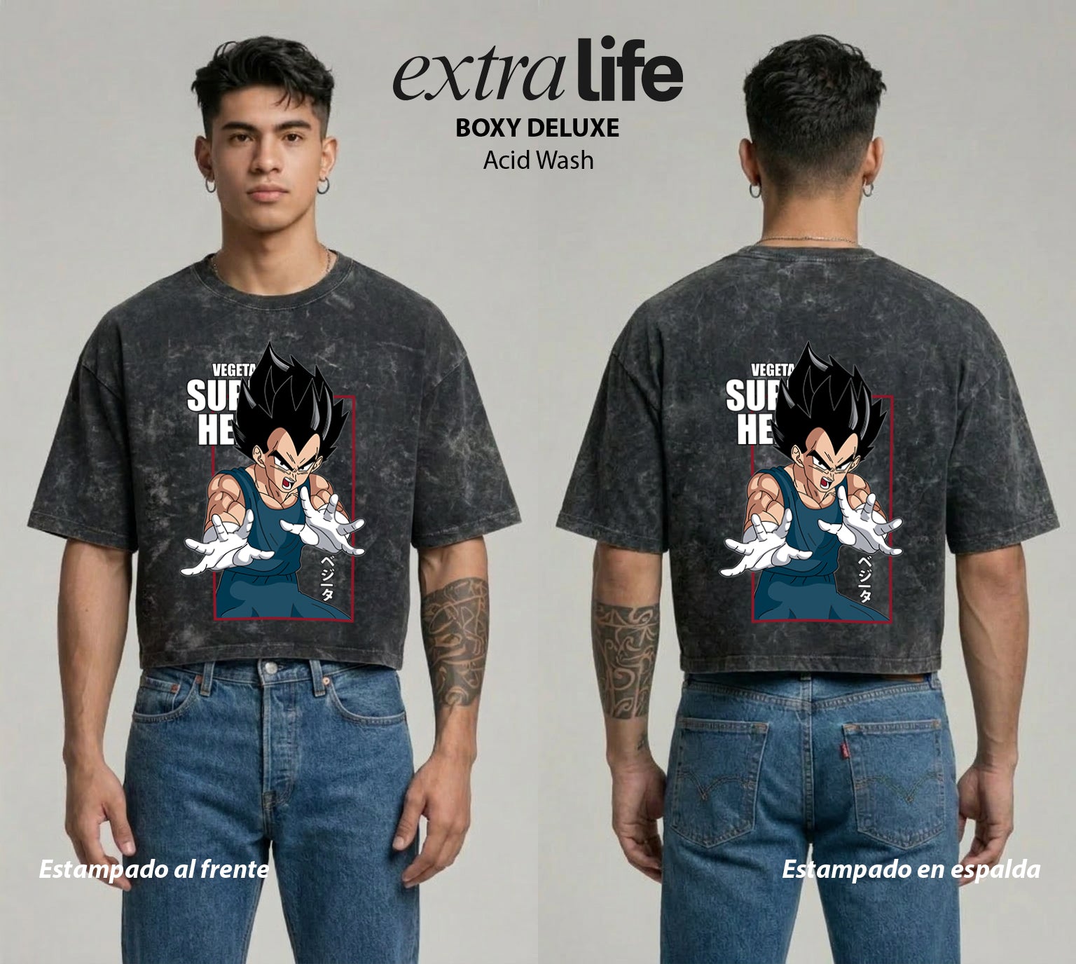 Playera streetwear premium de anime y gaming ExtraLife MX, corte boxy deluxe mineral wash heavyweight en color Acid Wash, moda urbana mexicana de culto.