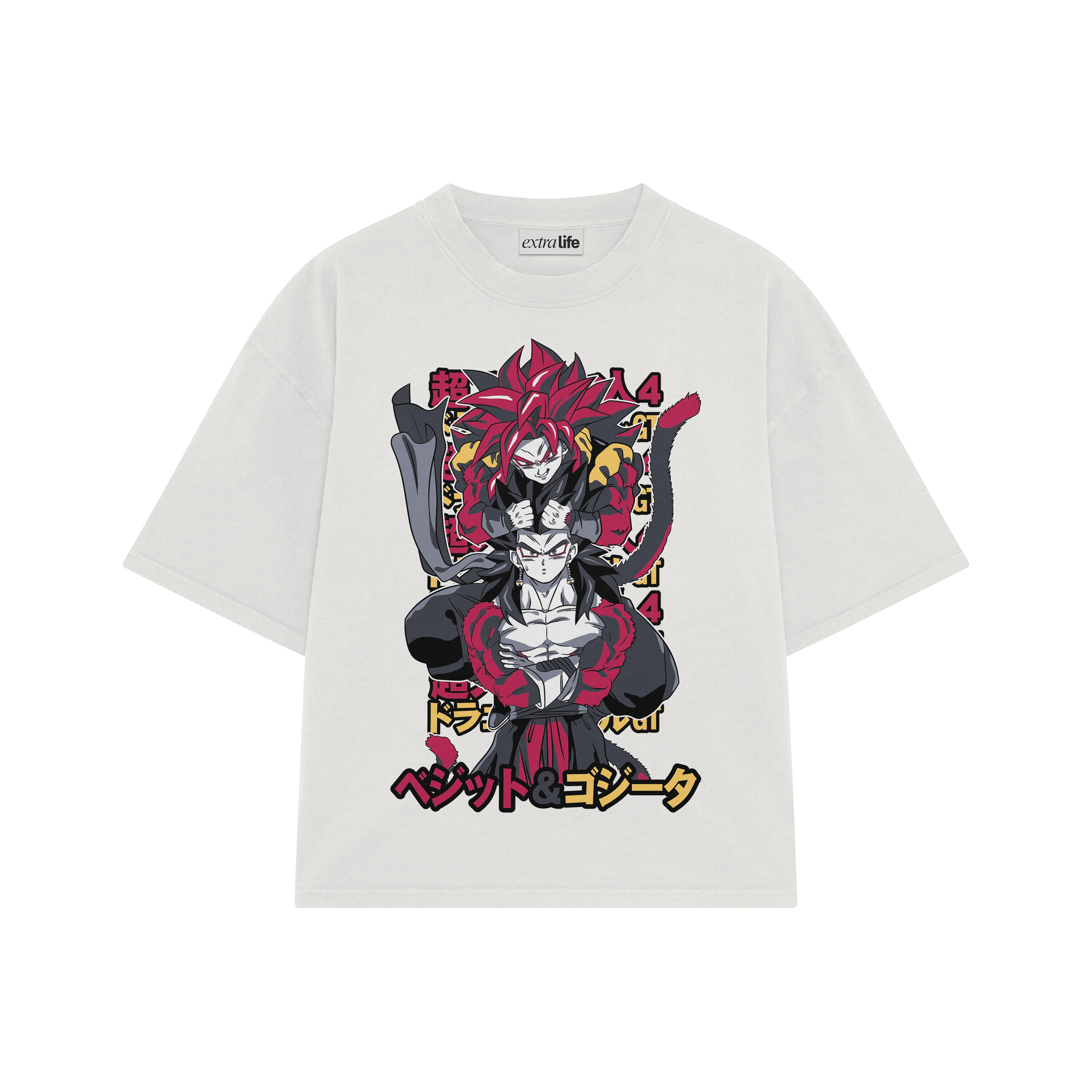 Playera streetwear premium de anime y gaming ExtraLife MX, corte boxy oversized drop shoulder heavyweight en color Deep Black y Off-White, moda urbana mexicana de culto.