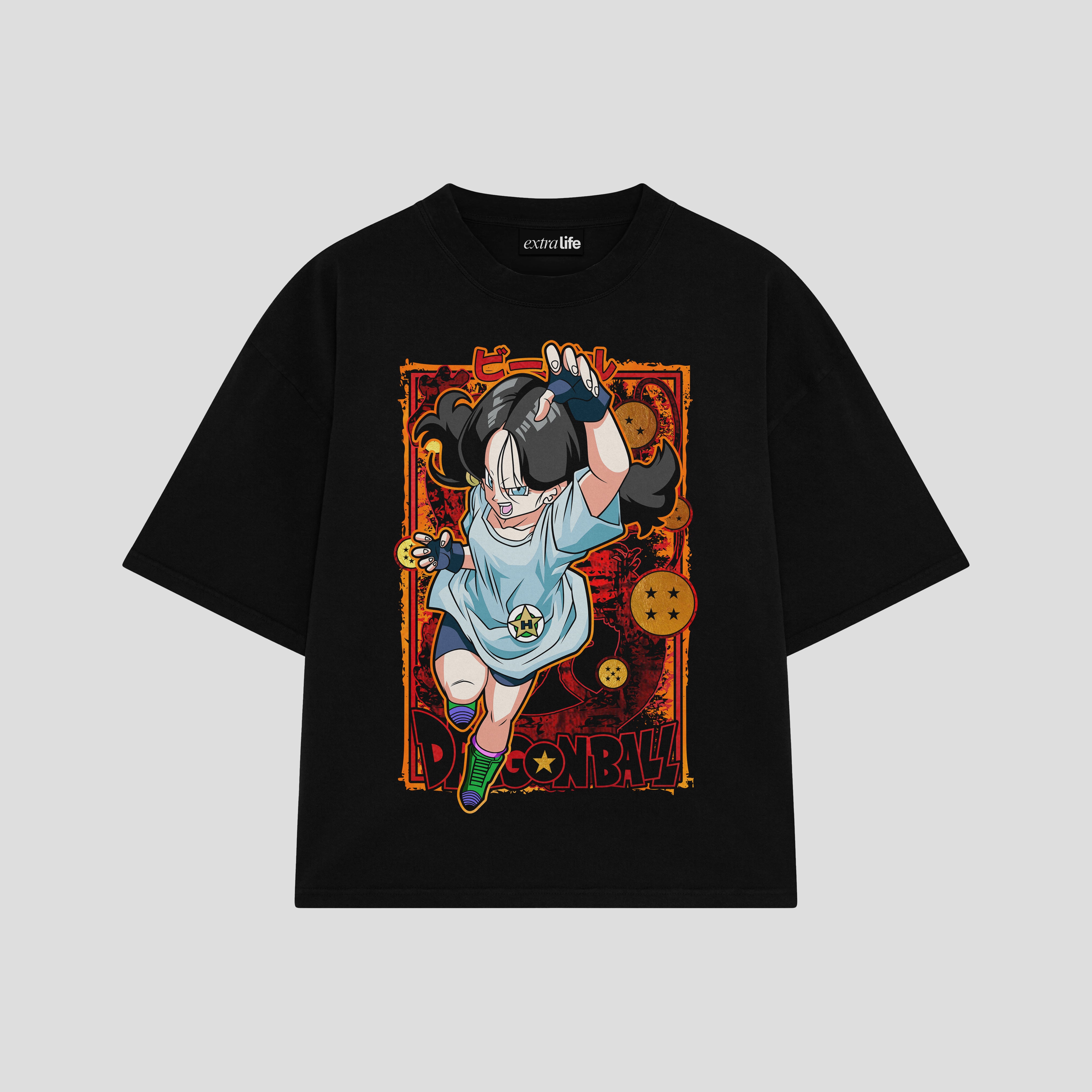 Playera streetwear premium de anime y gaming ExtraLife MX, corte boxy oversized drop shoulder heavyweight en color Deep Black y Off-White, moda urbana mexicana de culto.