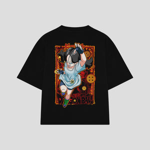 Playera streetwear premium de anime y gaming ExtraLife MX, corte boxy oversized drop shoulder heavyweight en color Deep Black y Off-White, moda urbana mexicana de culto.