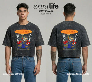 Playera streetwear premium de anime y gaming ExtraLife MX, corte boxy deluxe mineral wash heavyweight en color Acid Wash, moda urbana mexicana de culto.