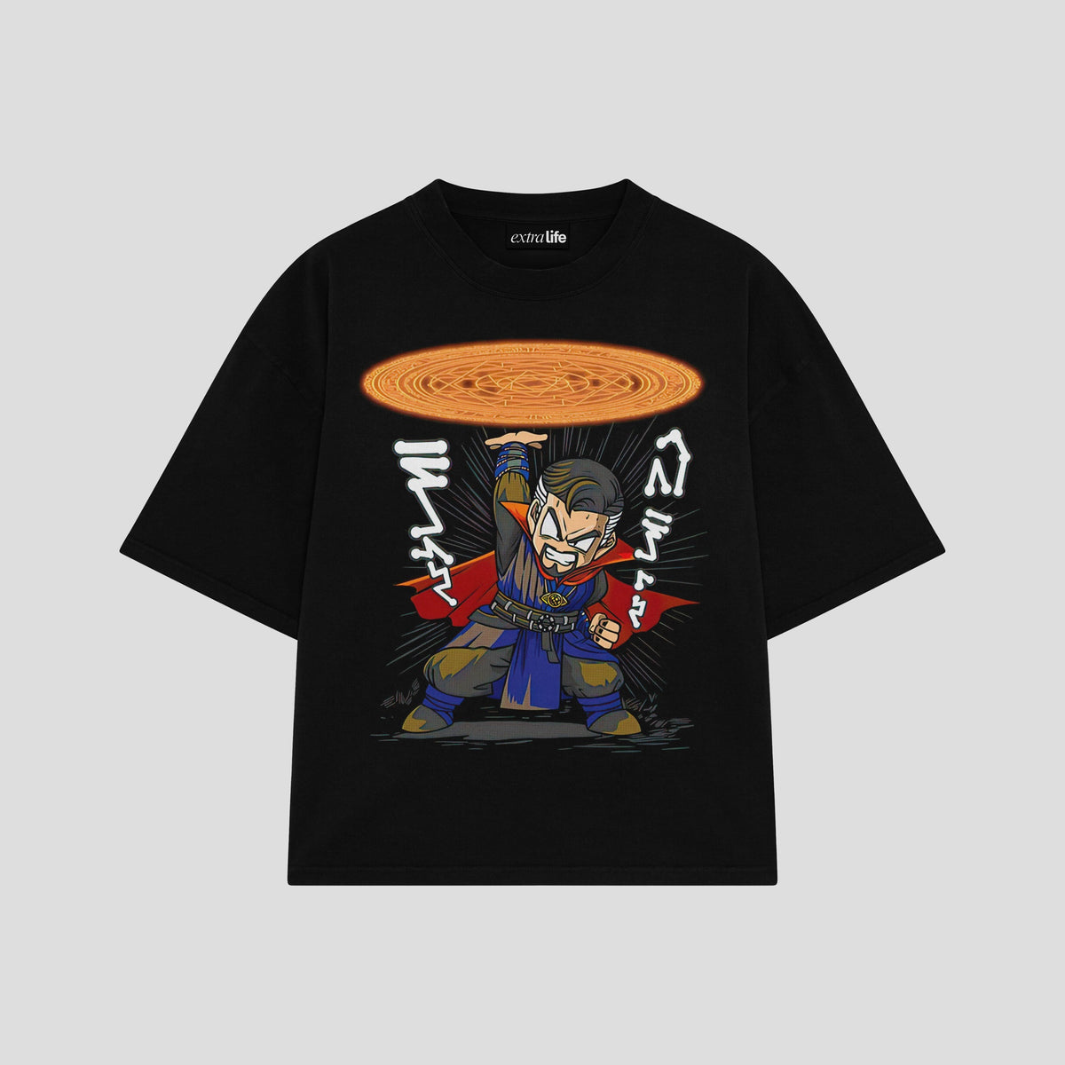 Playera streetwear premium de anime y gaming ExtraLife MX, corte oversized drop shoulder ligero y fresco en color Deep Black y Off-White, moda urbana mexicana de culto.